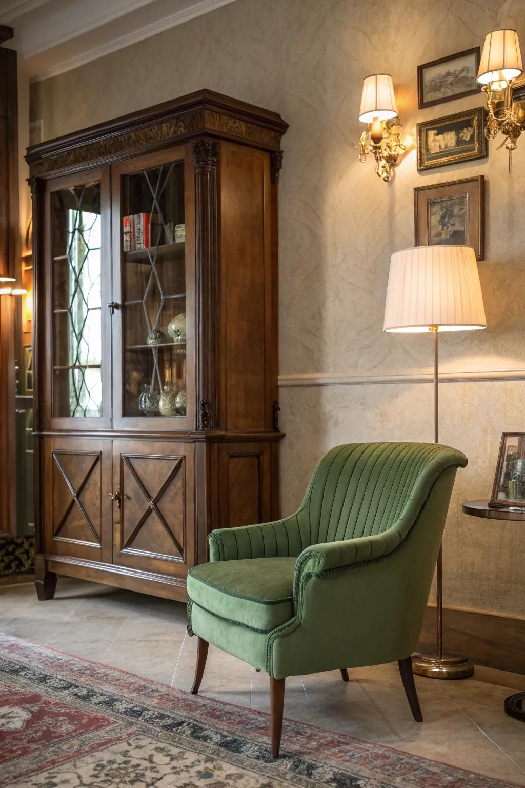 Vintage green furniture introduces a delightful blend of charm and nostalgia to your living space.