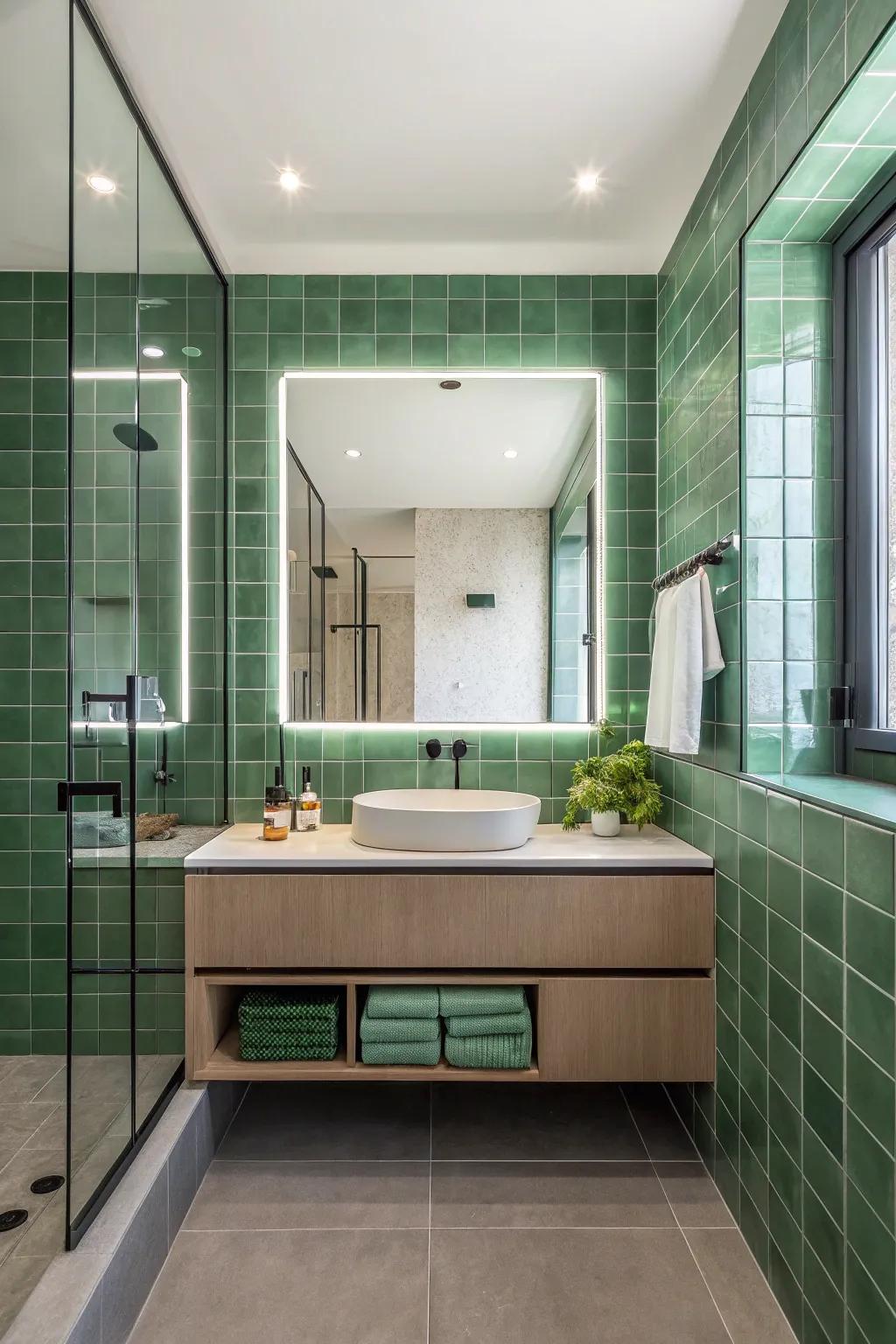 Integrating green tiles and reflective elements transforms a bathroom into a serene, spa-inspired escape.