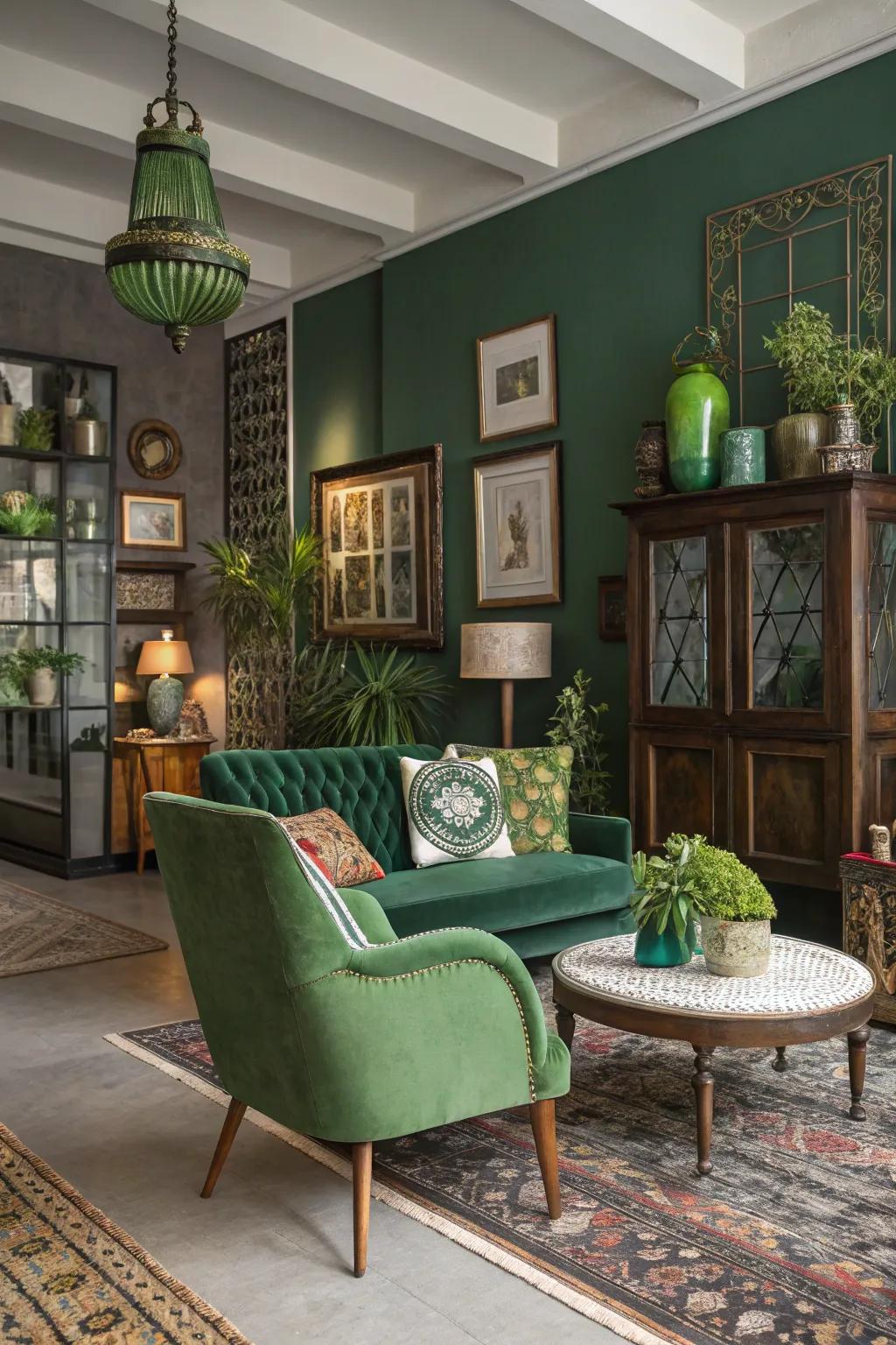 Using green as a consistent element harmonizes disparate styles into a cohesive and elegant design.