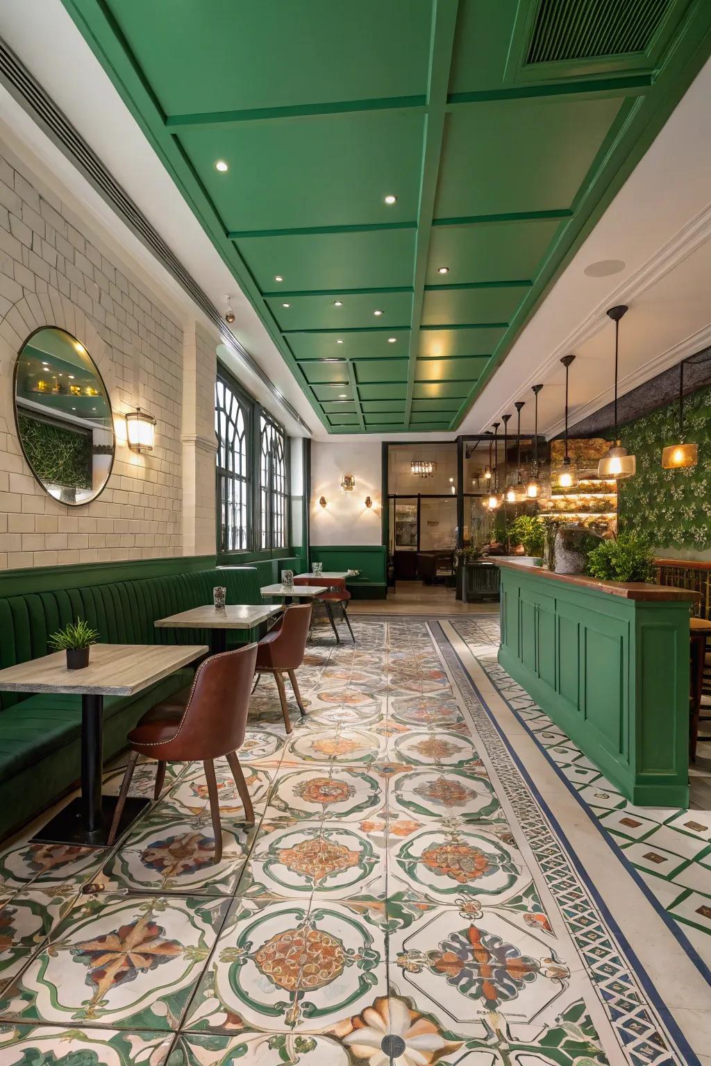 The thoughtful placement of green elements, like painted ceilings or patterned tiles, can elevate the style of any setting.