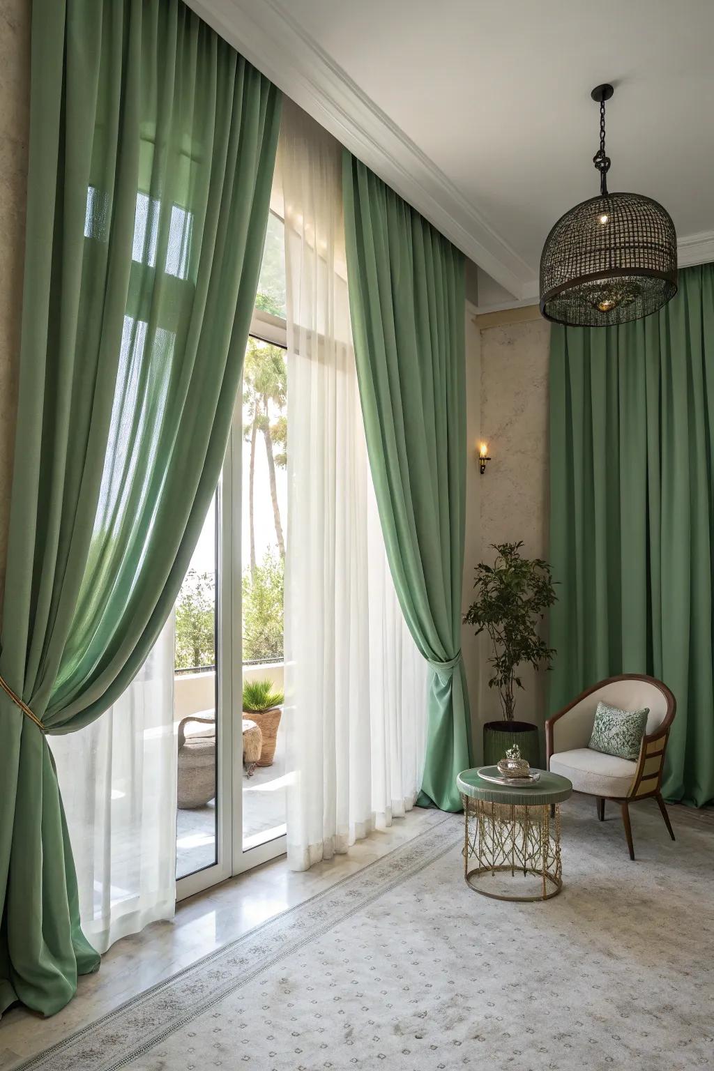 Green curtains not only add a layer of sophistication but also filter light to create a softly lit, inviting space.