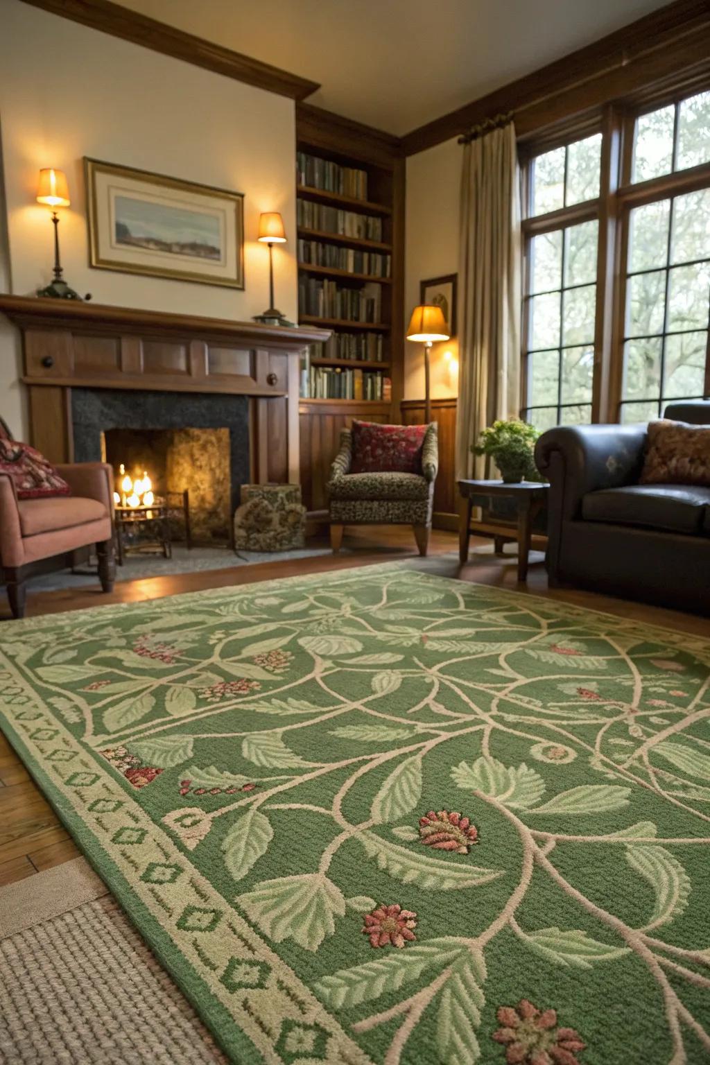 A well-chosen green rug anchors a room, adding both texture and a sense of inviting warmth.
