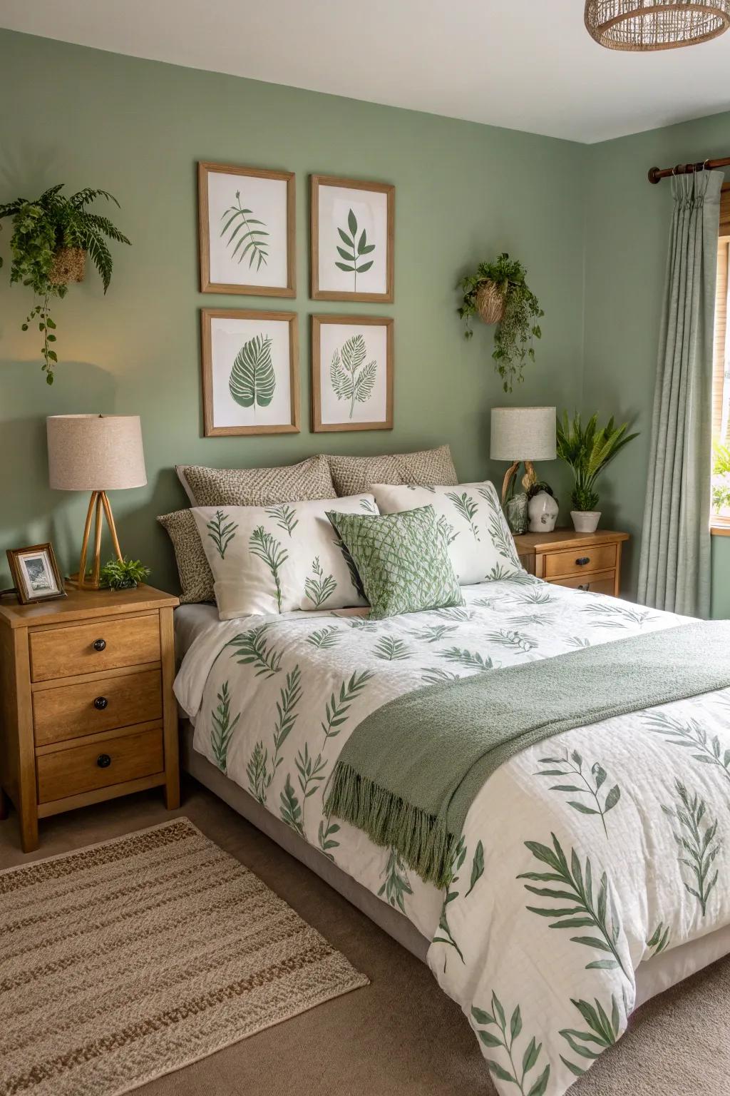 The gentle tones of sage green foster a tranquil environment in your personal bedroom sanctuary.