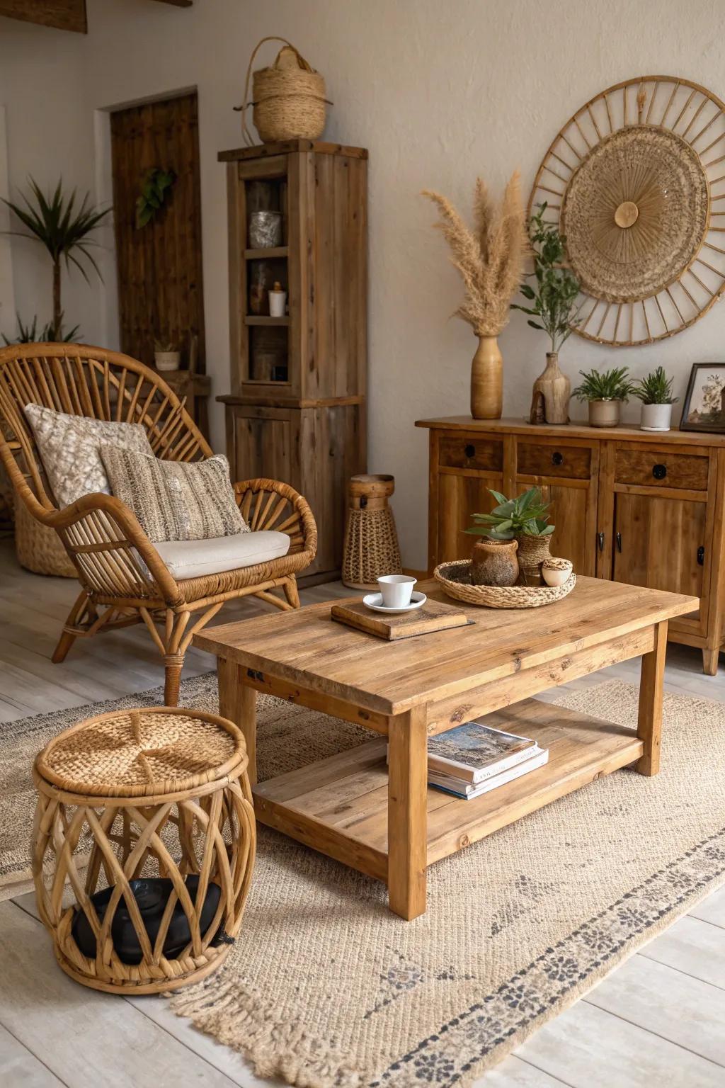 Organic elements like wood and cane craft an inviting, natural atmosphere.