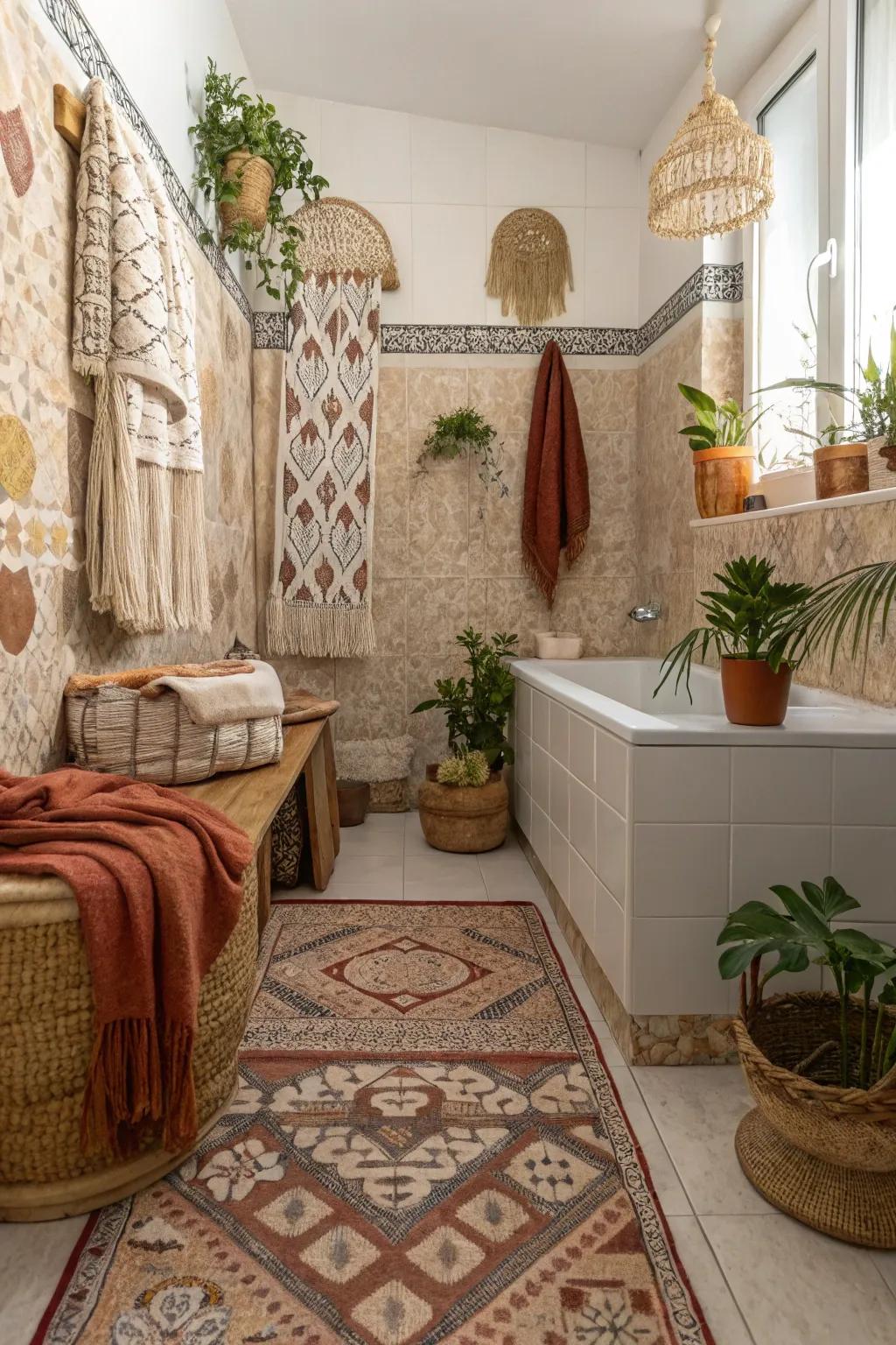 Vibrant tiles and textiles bring boho charm to the bathroom.