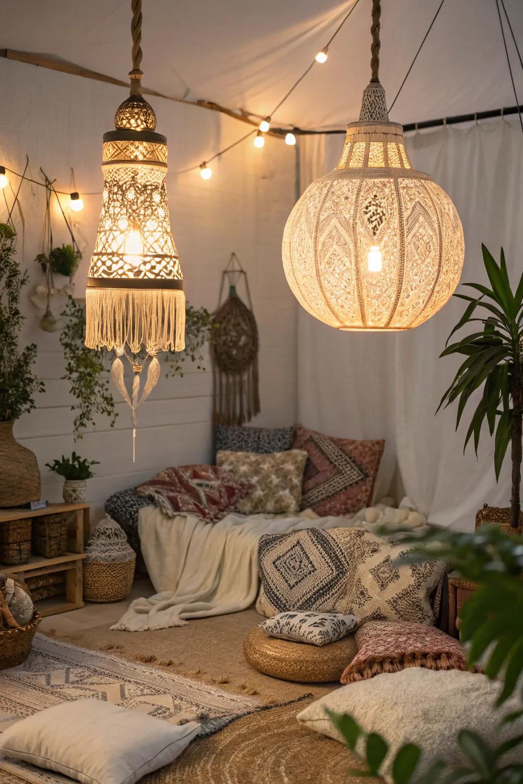 Creative lighting elements enhance the boho atmosphere.