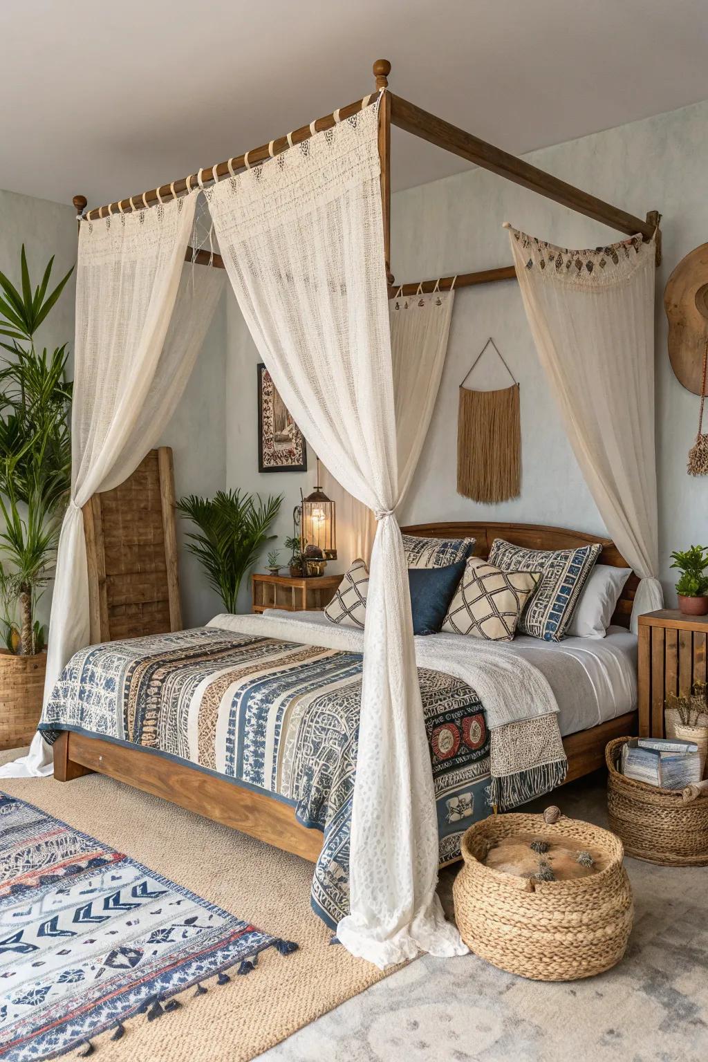 A rustic boho bedroom with a canopy bed offers a serene escape.