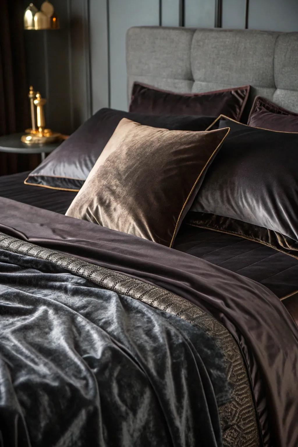 Lavish velvet and silk textiles accentuate the gothic sophistication of the boudoir.