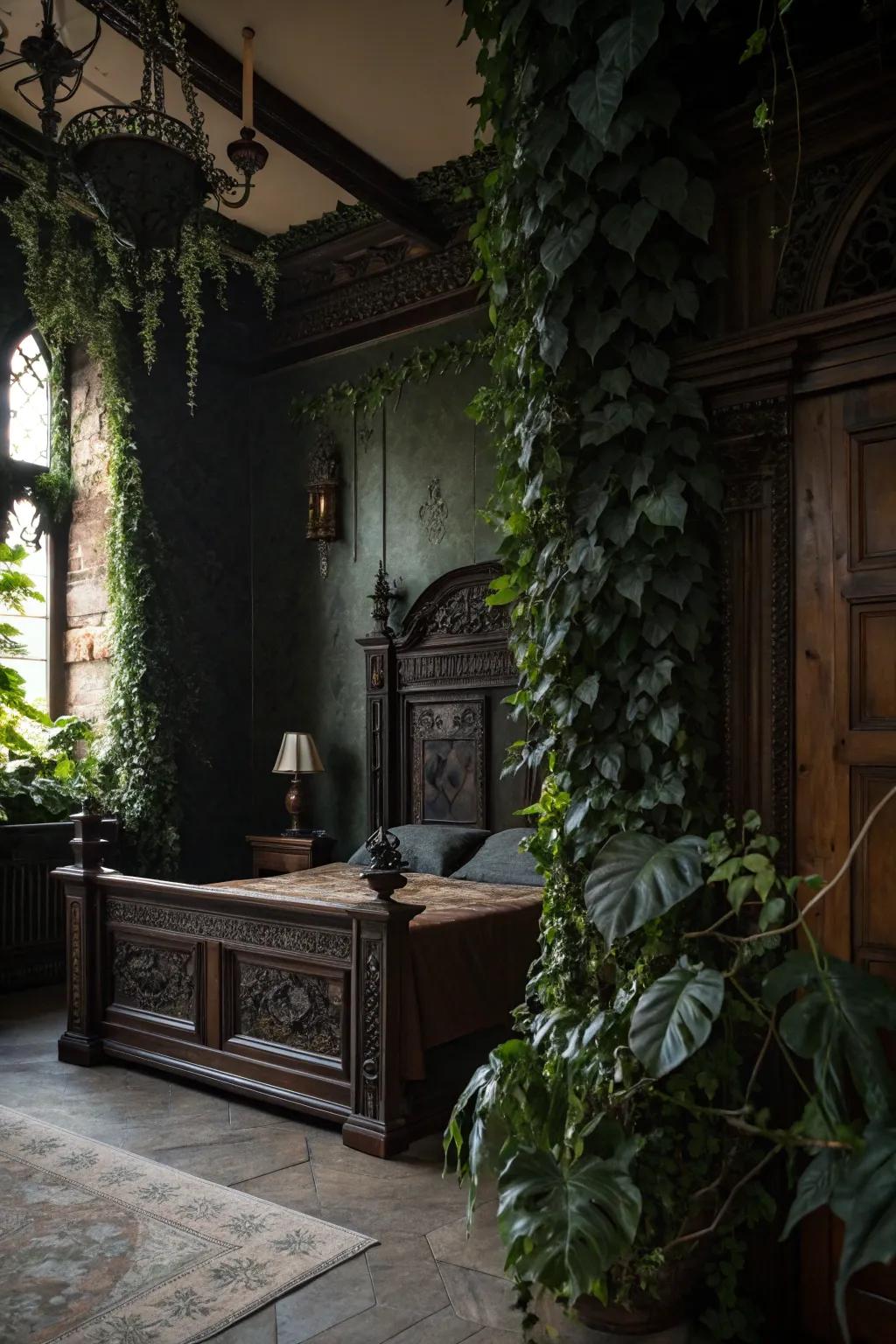 Dark foliage plants introduce a refreshing gothic twist to the décor.