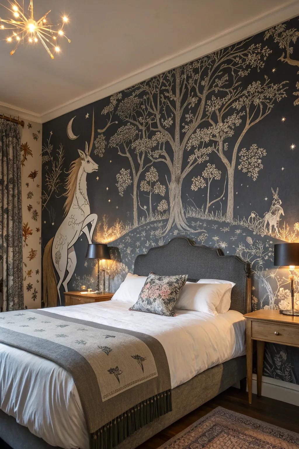 Whimsical wallpapers append a fairy-tale charm to the Victorian Gothic décor.