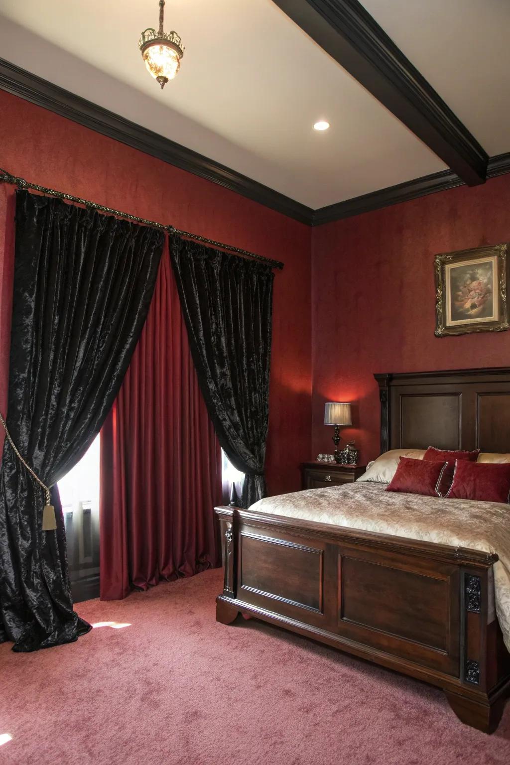 Rich scarlet walls and obsidian velvet curtains conjure a theatrical Victorian Gothic vibe.