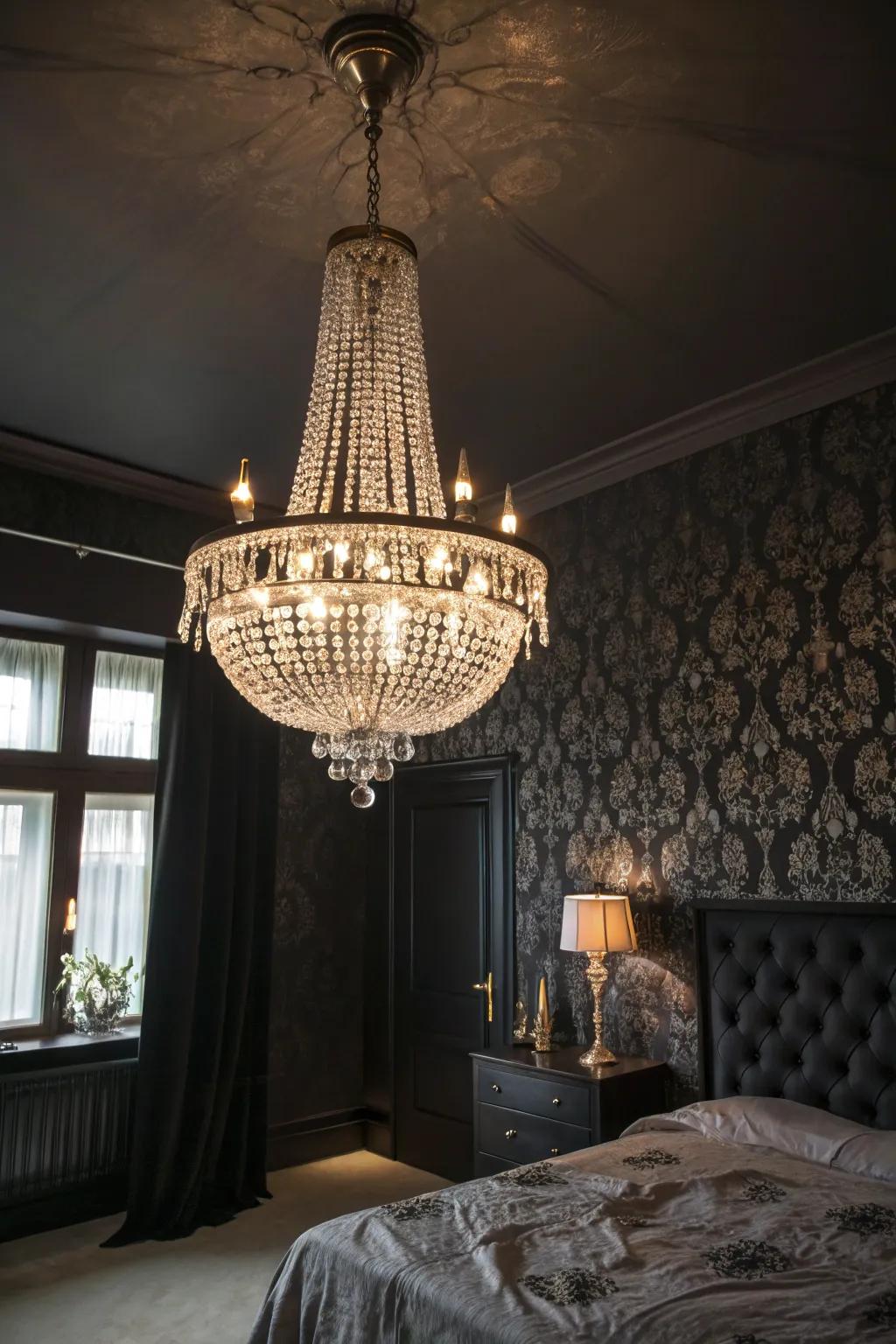 A crystal chandelier functions as a captivating focal point in a gothic-themed boudoir.