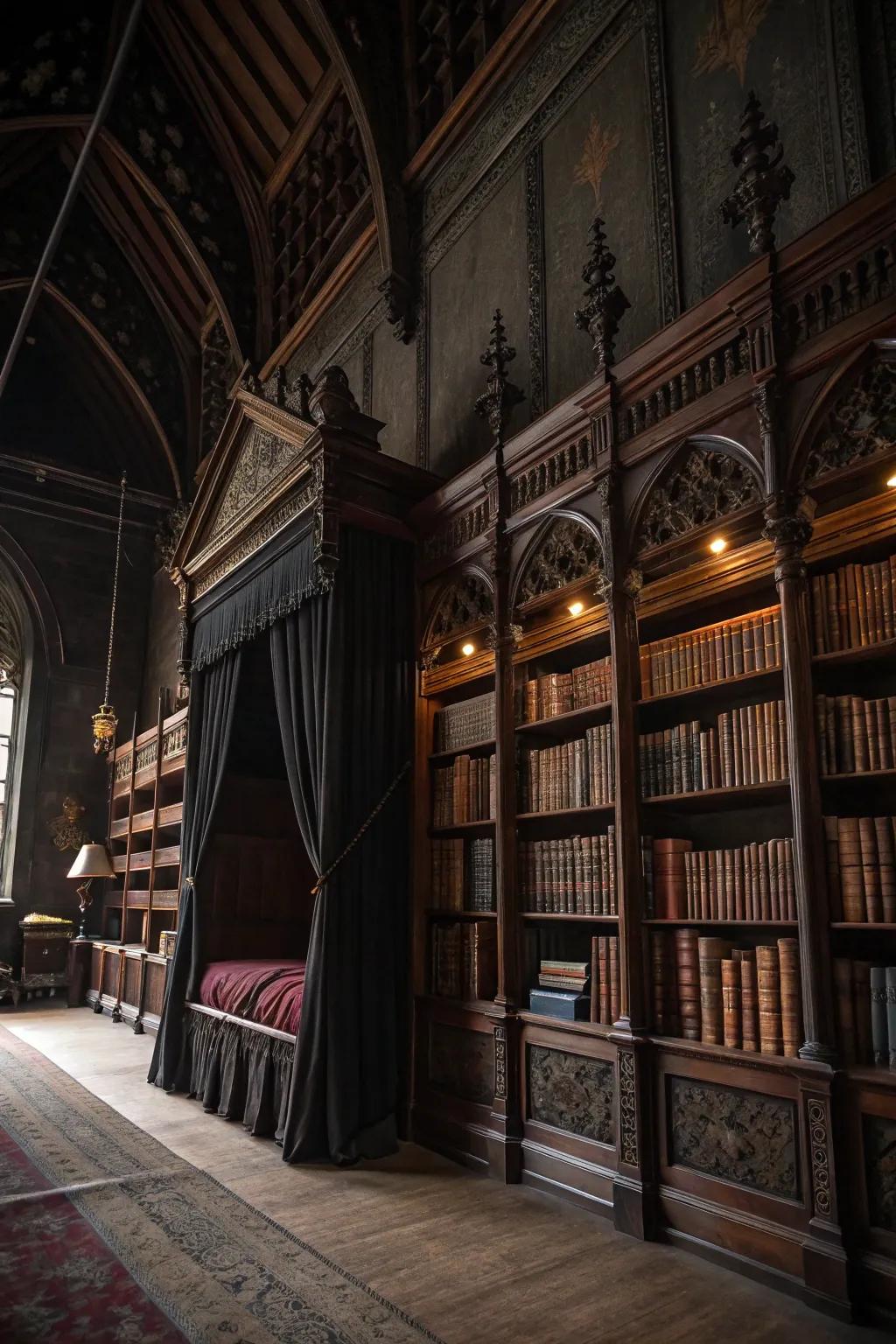 A scholarly recess with dark bookshelves appends literary charm to the room.