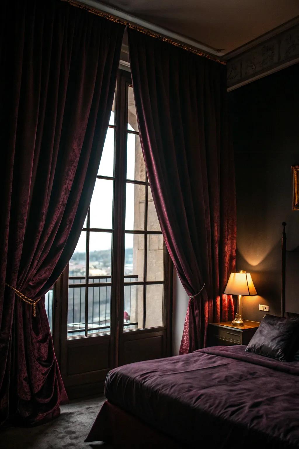 Rich drapery appends drama and seclusion to a Victorian Gothic boudoir.