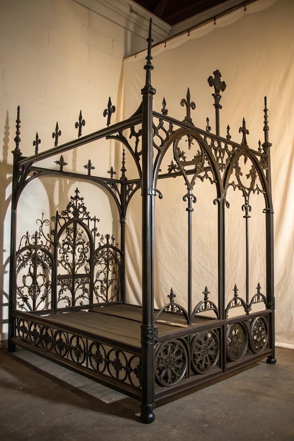 Wrought iron nuances contribute quintessential gothic charm to the boudoir décor.