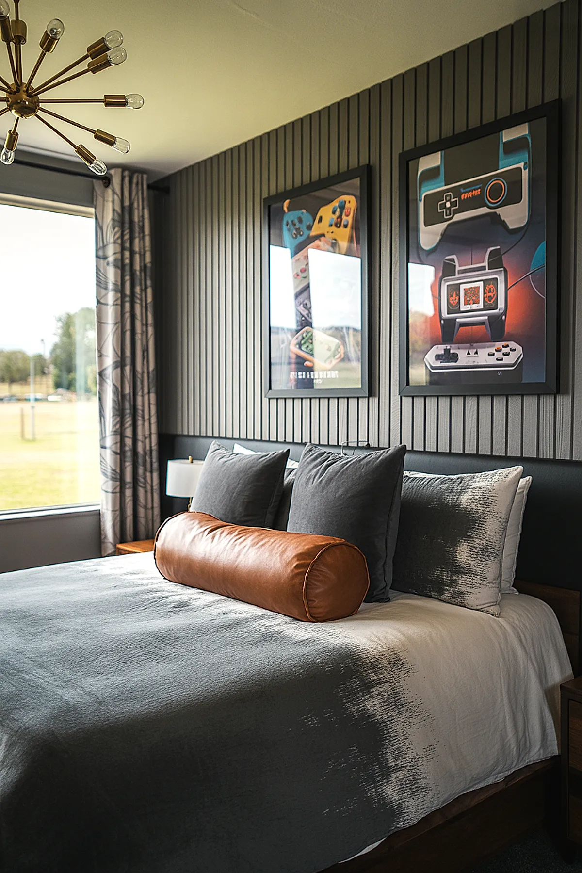 Teen boy bedroom featuring dark vertical paneled gray wall behind bed, two framed colorful retro gaming controller posters, bed with gray gradient bedding, charcoal throw pillows, and cylindrical tan leather bolster pillow in front.