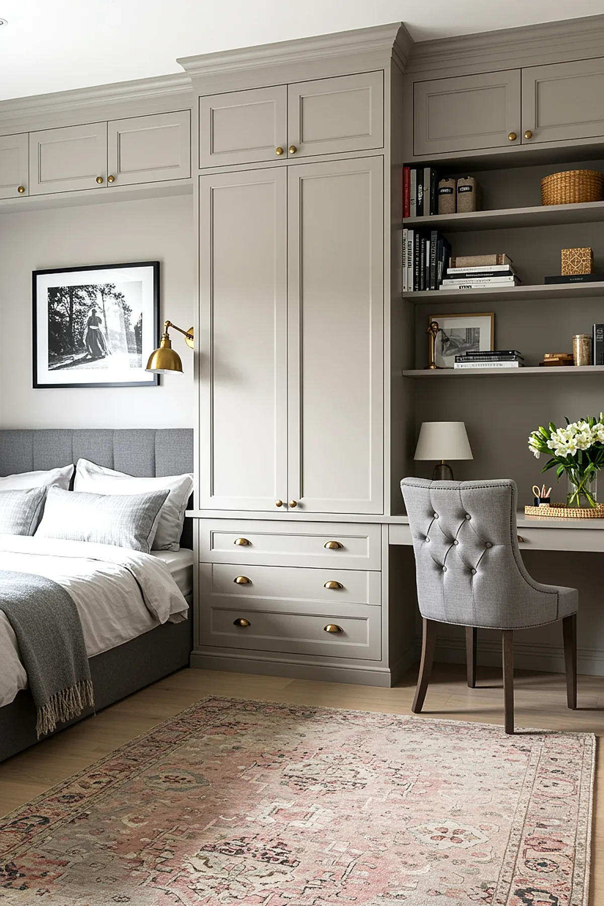 Teen boy bedroom featuring neutral beige built-in cabinetry with closed and open storage surrounding a built-in desk area. Gray upholstered bed with white and gray bedding beside it. Desk accessorized with lamp, books, and flowers. Light wood flooring and patterned pinkish area rug complete the room.