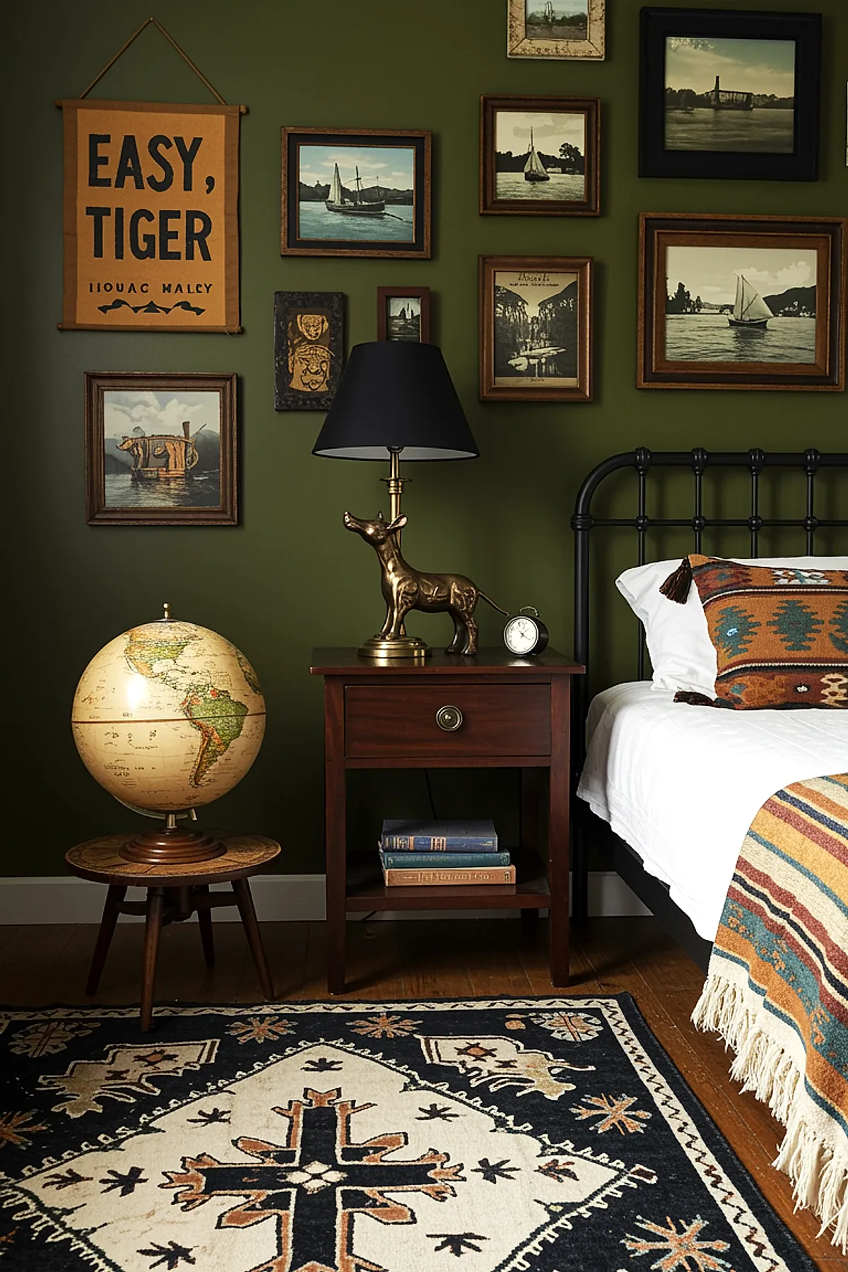 Teen boy bedroom with olive green walls decorated with framed vintage boat pictures and a mustard yellow banner, dark wood nightstand holding a brass dog lamp with black shade and small clock, iron bed frame with white bedding accented by southwestern patterned pillows and blanket, globe on wooden stool next to nightstand, patterned rug on hardwood floor.