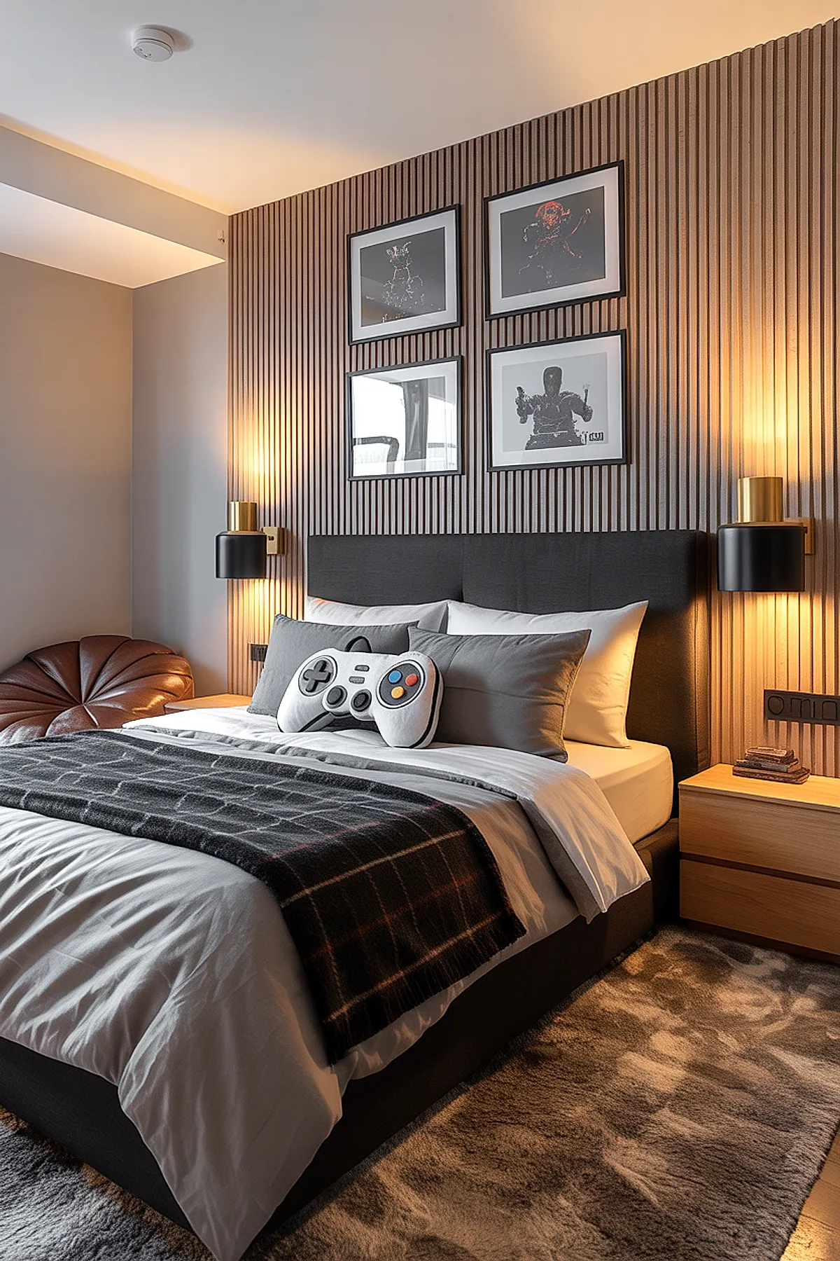 Teen boy bedroom featuring a black upholstered bed with gray bedding, plaid throw blanket, a white game controller shaped pillow, two modern black and gold wall sconces flanking the bed, light wood vertical slat accent wall behind headboard, wooden nightstands on either side, and brown leather chair in corner.