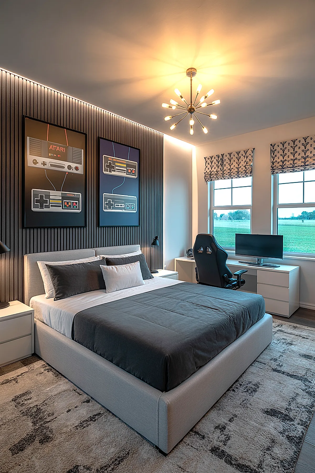 Teen boy bedroom featuring a gray upholstered bed with dark gray bedding, two large framed retro gaming console prints on a black vertically grooved accent wall, white nightstands, black desk chair in front of windows with patterned Roman shades, modern chandelier overhead.