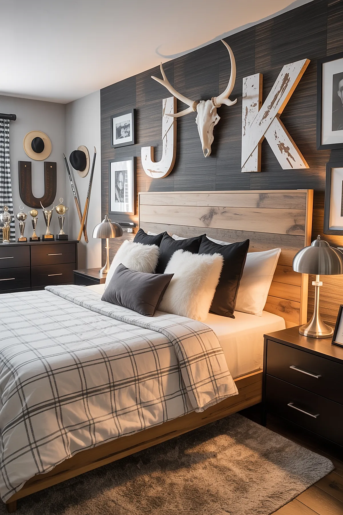 Teen boy bedroom with wooden headboard, large distressed white wooden letters J and K mounted on dark textured wall, white antler skull centerpiece between letters, black and white framed photos, plaid bedding in light tones, black dresser holding trophies and hats hung on wall.