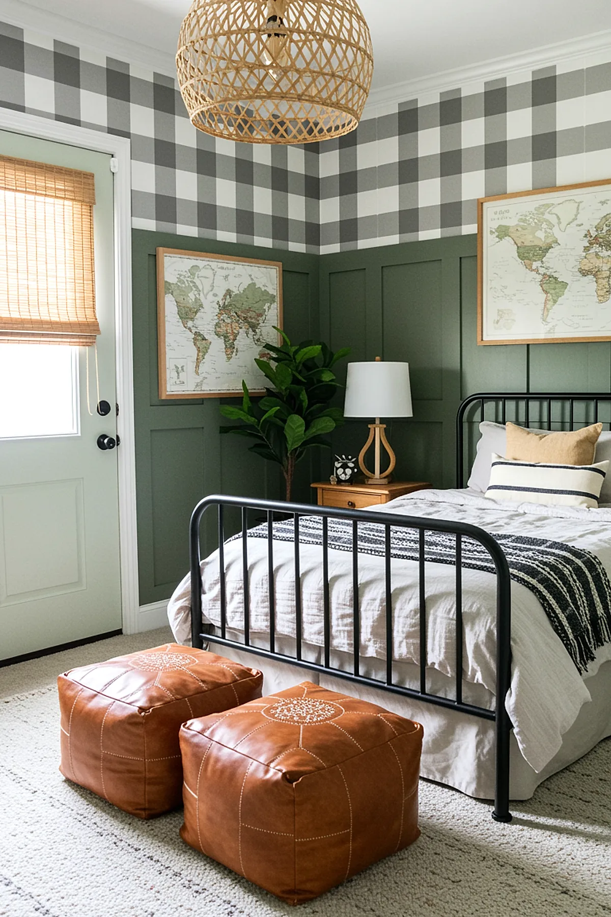 Teen boy bedroom with black metal bed frame, green paneled walls topped by large gray checkered wallpaper, two brown leather poufs at foot of bed, wooden nightstand with lamp, world maps framed on walls, woven bamboo window shade, and natural fiber area rug.