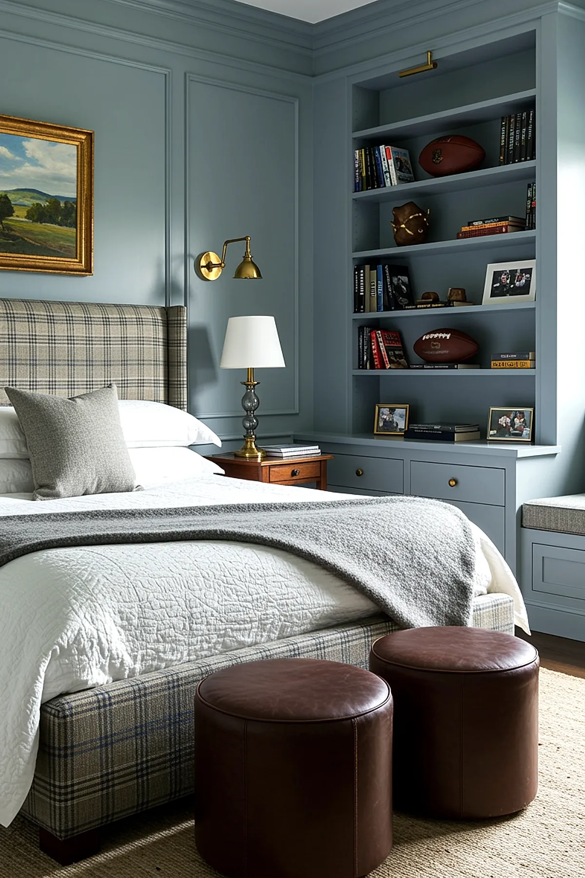 Teen boy bedroom featuring light blue paneled walls, plaid upholstered bed frame and headboard in gray tones, white bedding with gray throw blanket, wooden nightstand with brass and glass lamp, built-in blue shelves filled with books and football memorabilia, two brown round leather stools at foot of bed.