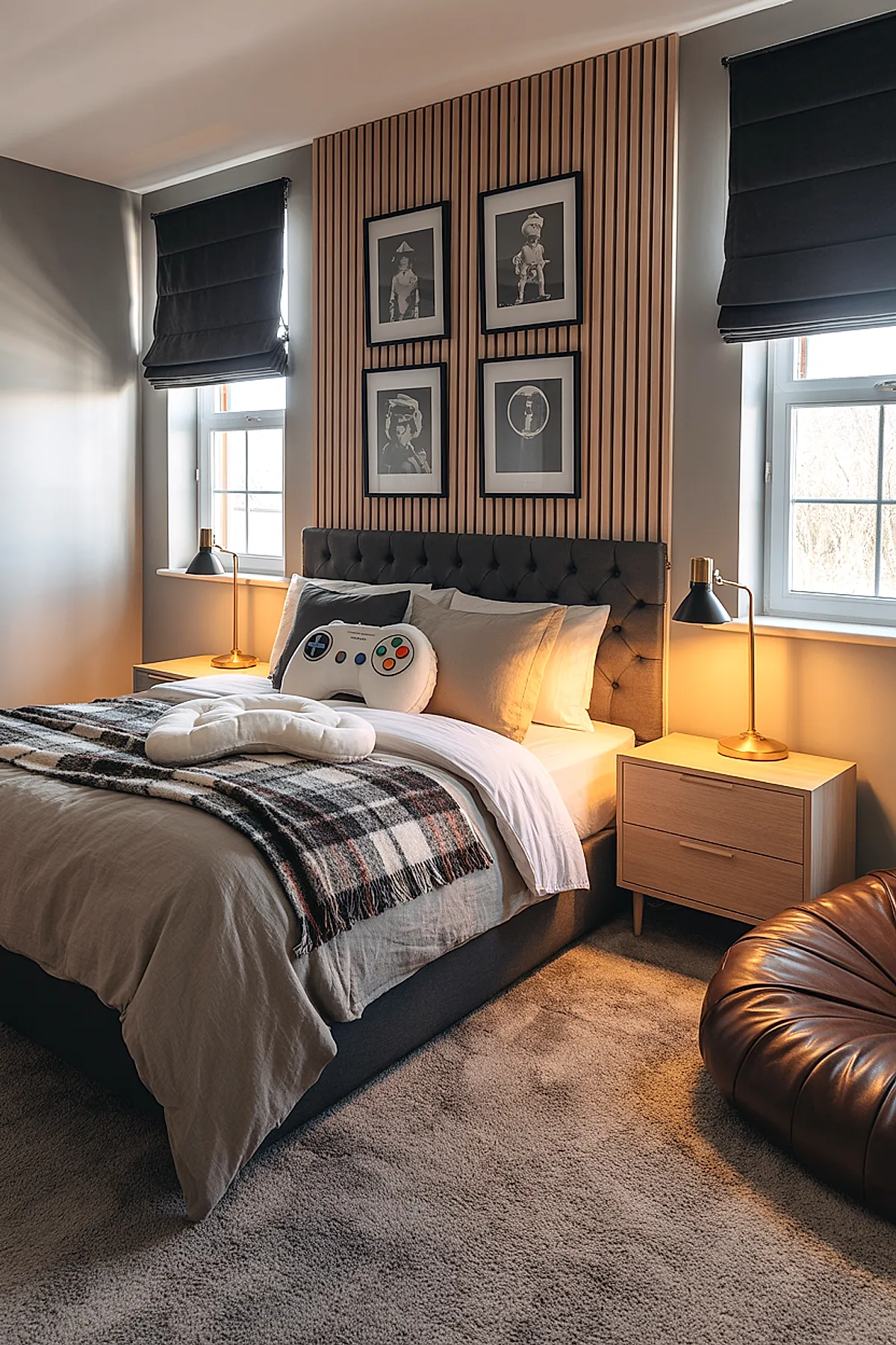 Teen boy bedroom with gray tufted headboard against vertical wood slat wall, beige bedding layered with plaid throw, white gaming controller pillow on bed, black Roman shades covering windows on either side, wooden nightstands with brass and black table lamps, and brown leather pouf on carpet floor.