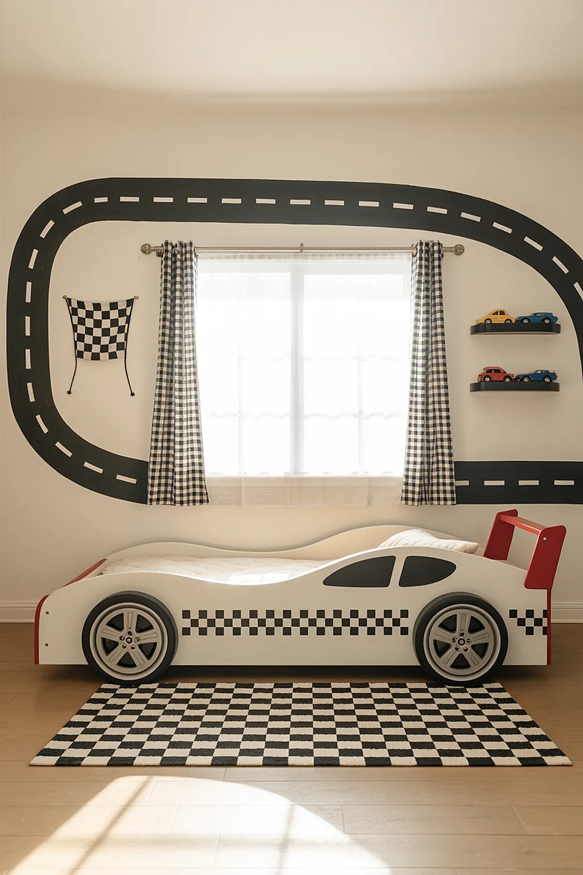 White race car-shaped bed with red spoiler and black checkered side stripe in boys bedroom, black road track painted on white walls surrounding window, black and white checkered curtains and rug, two shelves holding colorful toy cars.