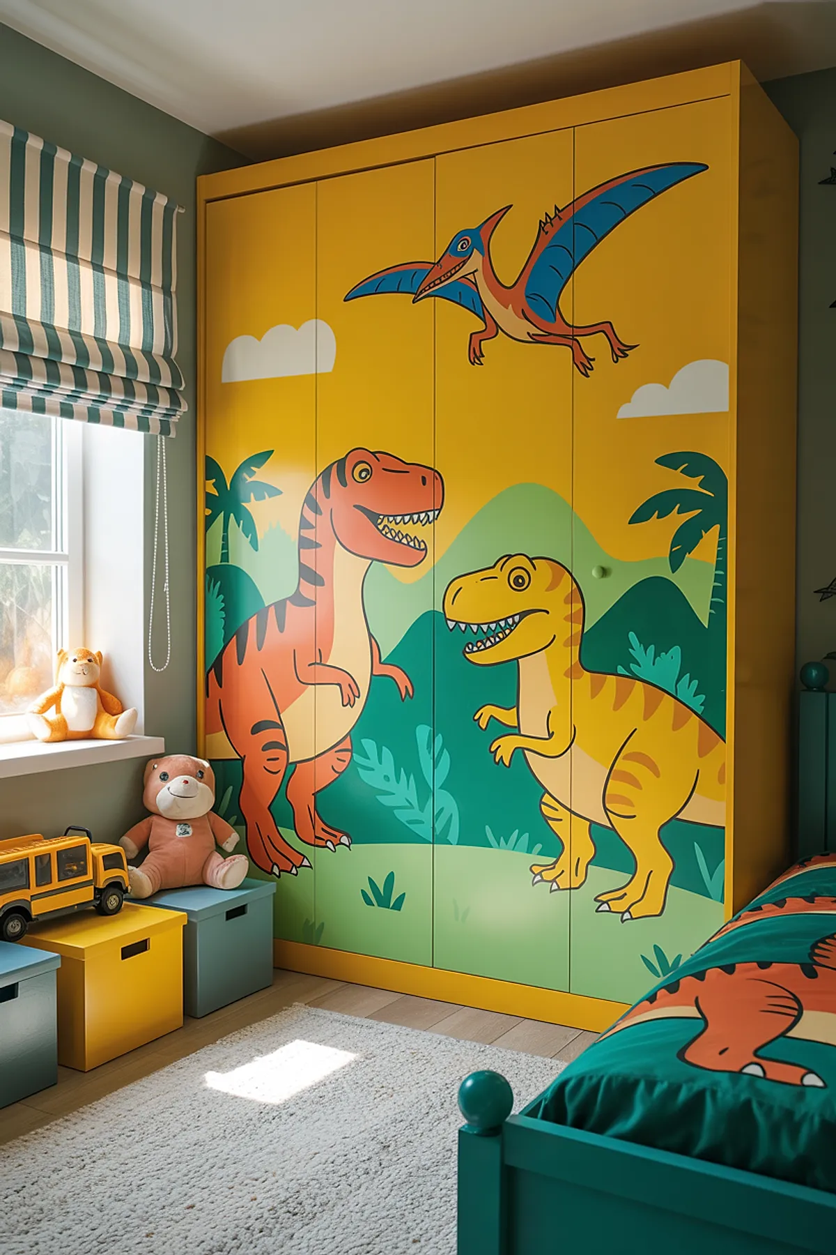 Boys bedroom corner featuring bright yellow wardrobe with cartoon red and yellow dinosaurs and blue pterodactyl, green hills, white clouds; striped teal and white Roman blind on window; stuffed animal toys on windowsill; colorful storage boxes on floor.