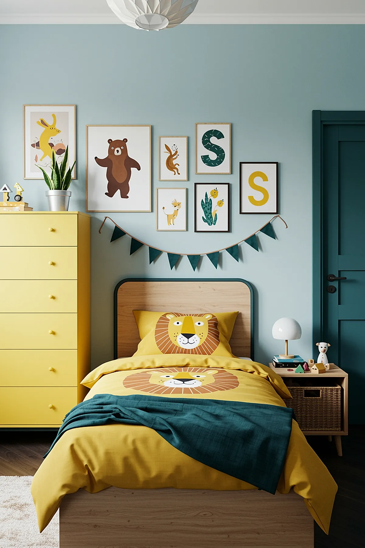 Boys bedroom with light wood bed featuring yellow lion-themed bedding, blue painted walls with framed animal illustrations and letter S prints, yellow dresser, small plant in silver pot, wooden nightstand with white lamp and toys.
