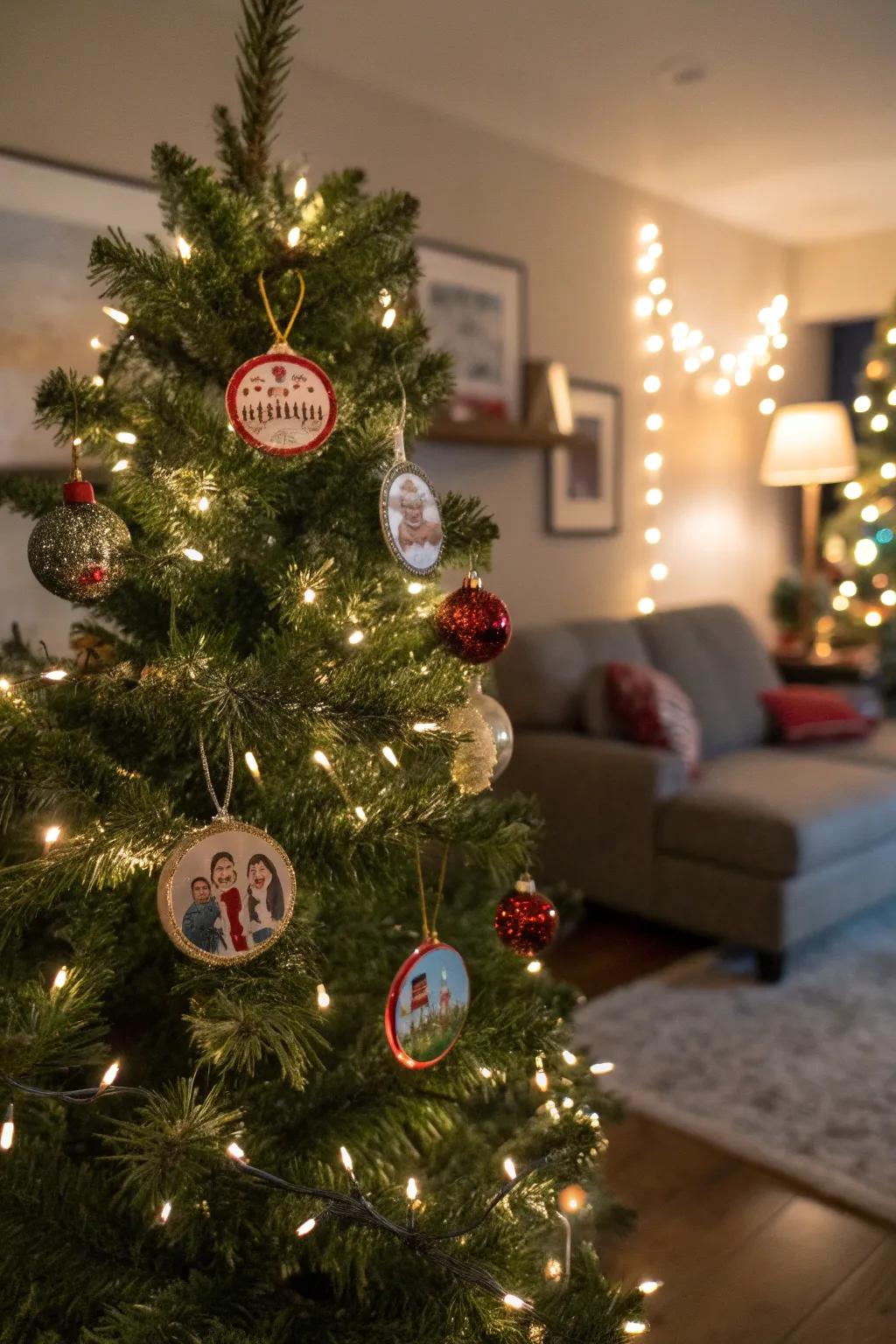 Personalized holiday ornament on a tree.