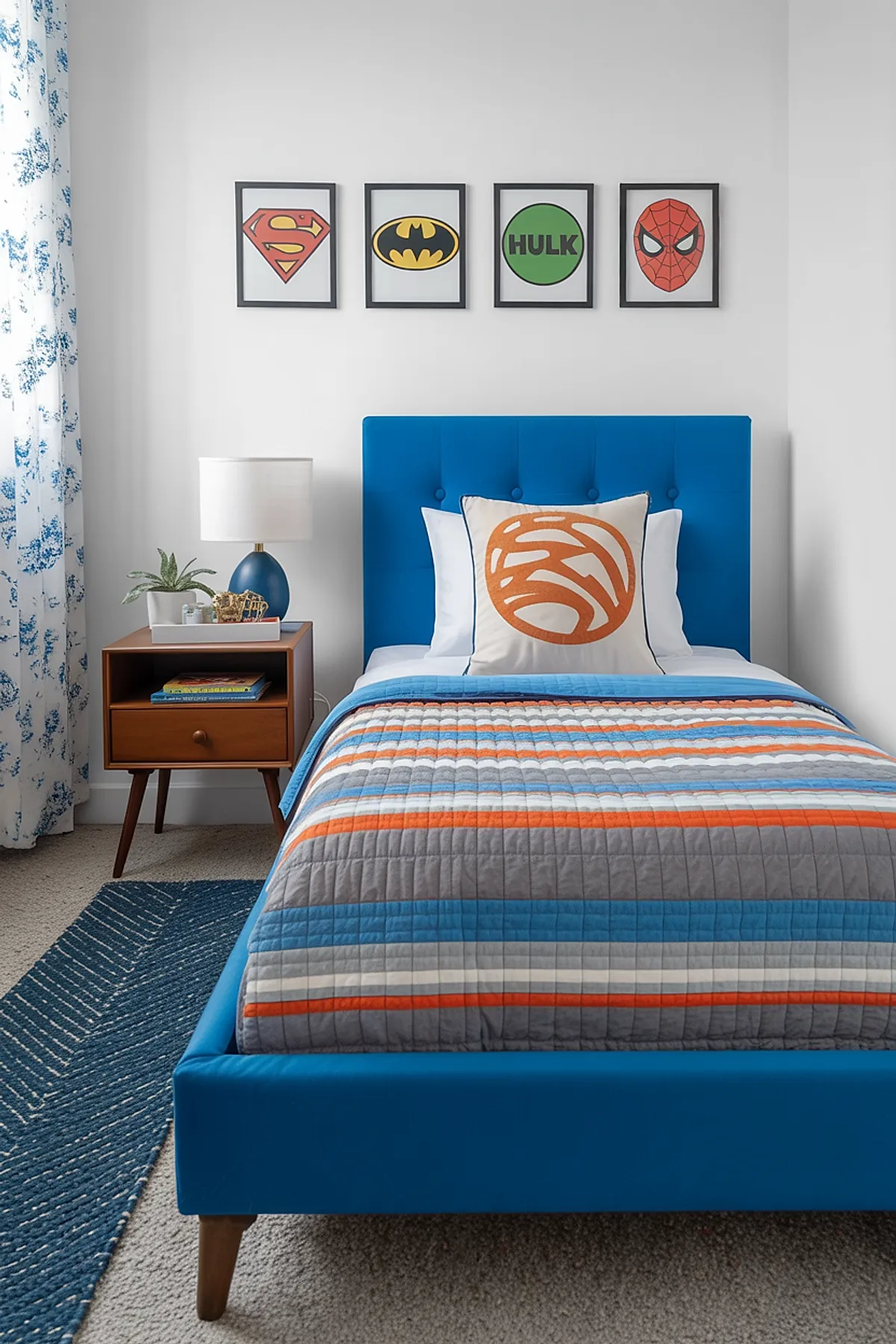 Boys bedroom featuring bright blue upholstered bed with tufted headboard, striped bedding in blue orange and gray, four framed superhero logos (Superman Batman Hulk Spiderman) above bed, wooden nightstand with blue lamp and plant, white walls with floral curtains.