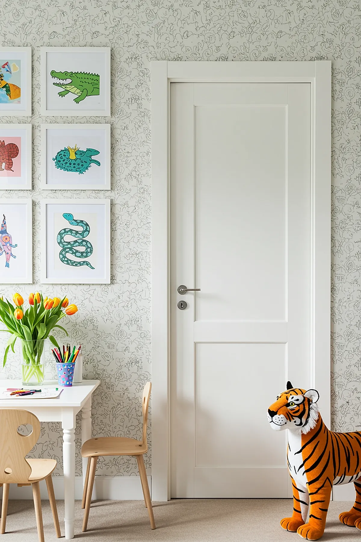 Boys room with white door, wall covered in subtle hand-drawn animal wallpaper, six framed colorful animal prints, small white table with wooden chairs, clear vase of orange tulips, cup of colored pencils, large stuffed tiger toy on beige carpet.