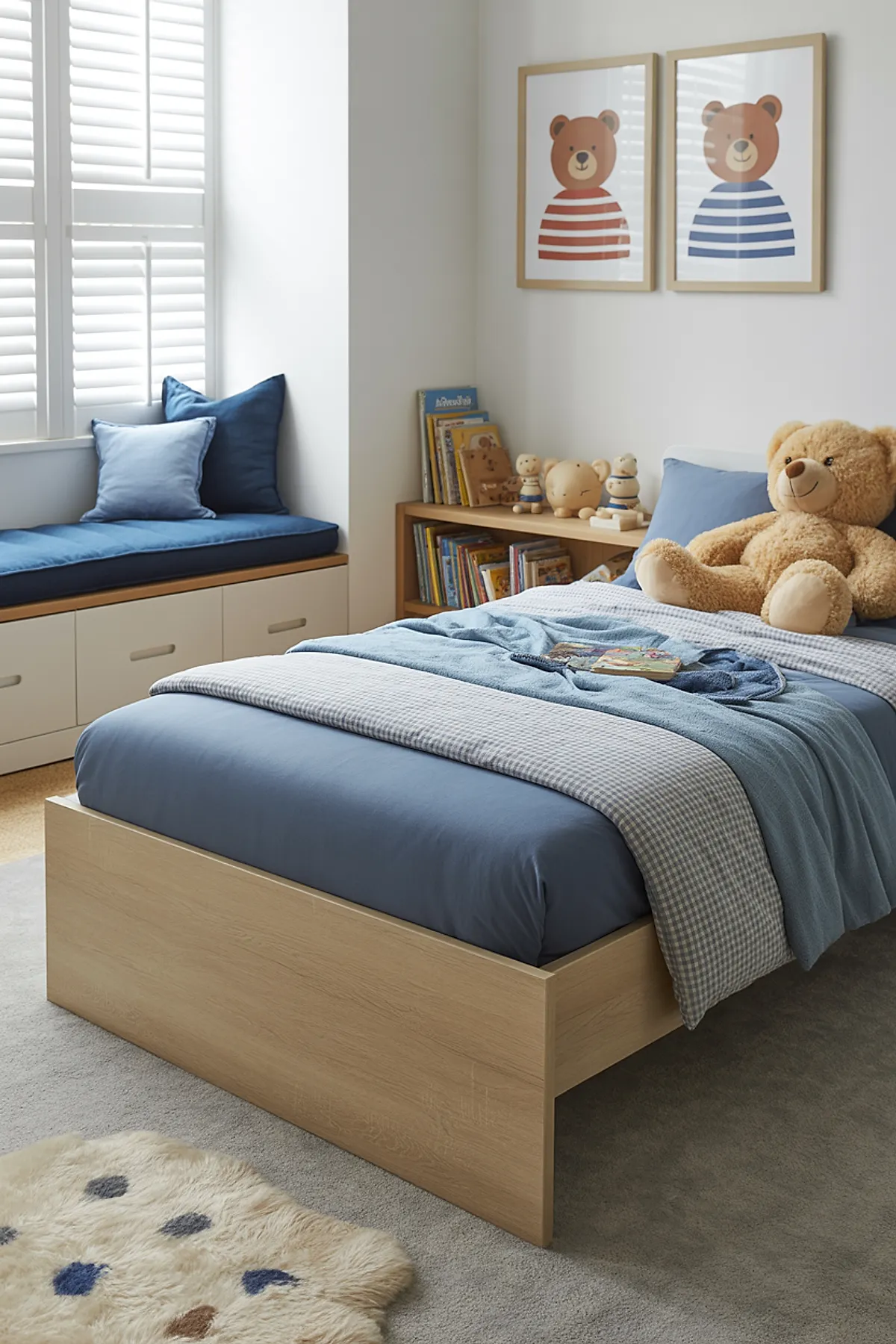 Boys bedroom with light wood bed frame dressed in blue sheets and checkered blanket, large teddy bear on bed, built-in window seat with navy and light blue cushions, wooden shelves filled with books and small toys, white walls with two framed bear prints.