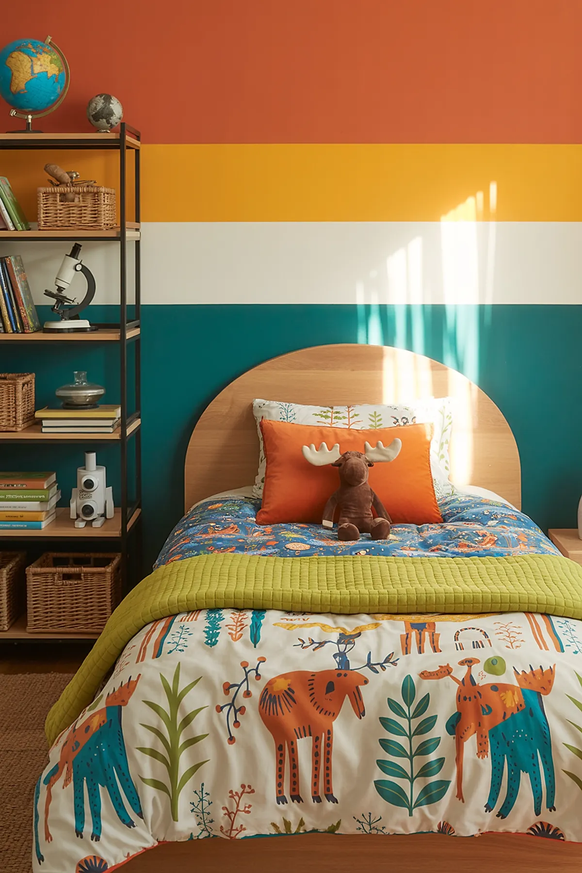 Boys bedroom with color-blocked walls in burnt orange, mustard yellow, cream, and teal; wooden bed with animal print bedding; orange accent pillow; brown moose plush toy; black metal and wood open shelving with books and wicker baskets.