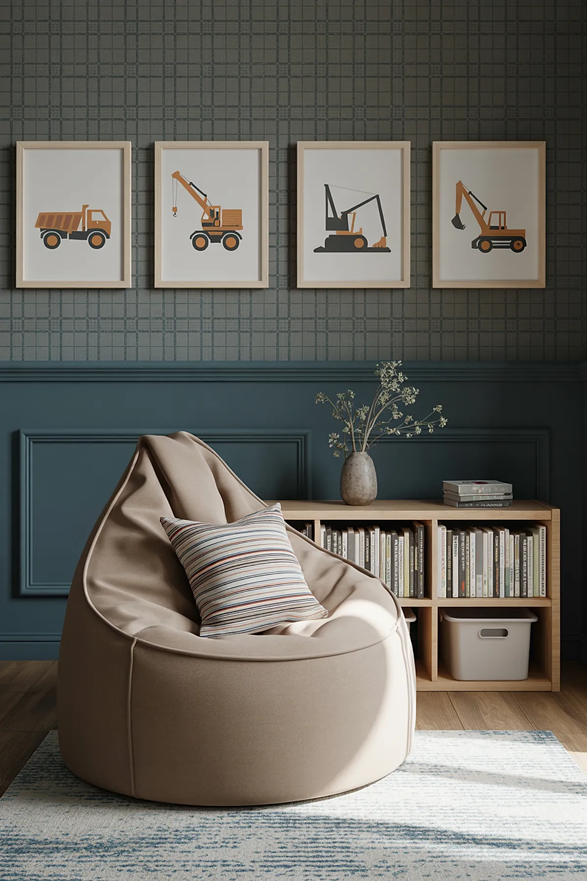 Boys room corner featuring beige bean bag chair with striped pillow, wooden cube shelf filled with books and storage bins, teal wainscoting, gray patterned wallpaper, four framed construction vehicle prints above.