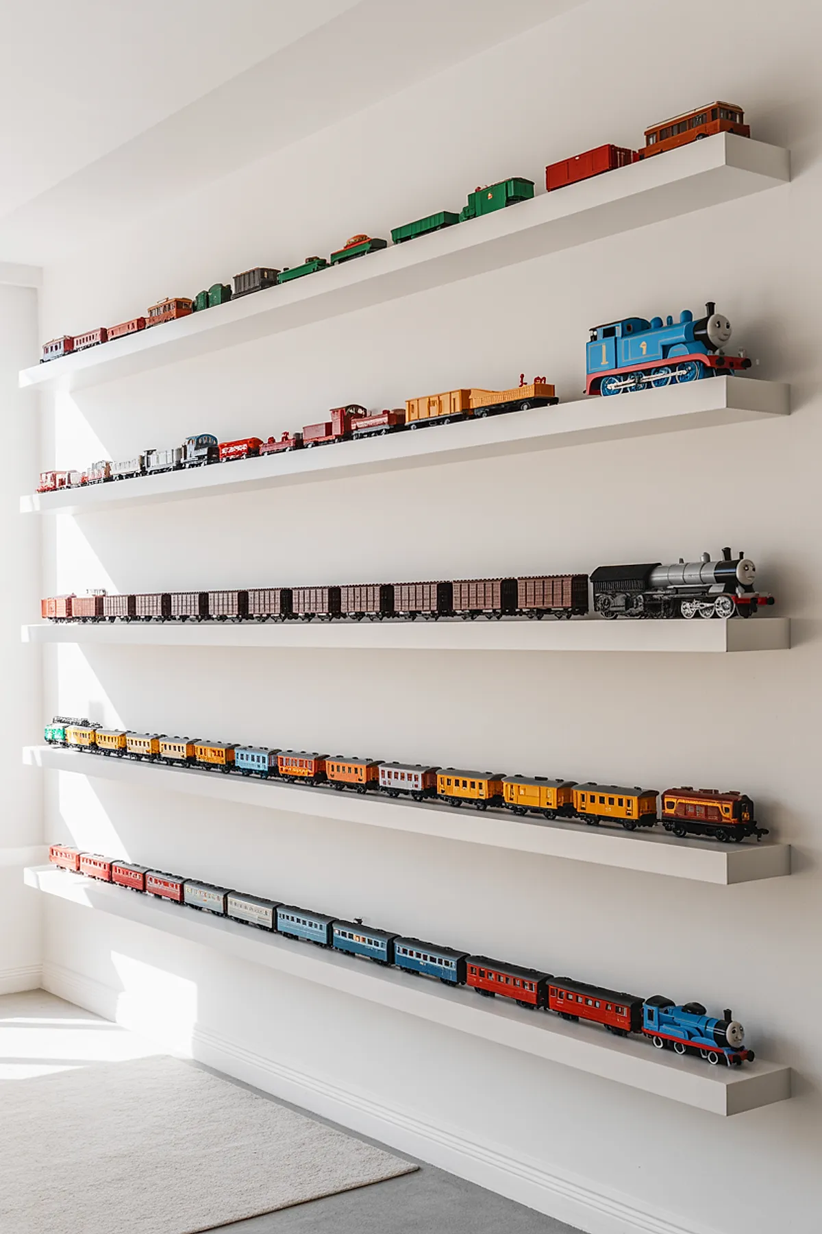 Five white floating shelves on white wall holding colorful model trains arranged in long rows, including blue and black steam engines, various passenger and cargo cars.