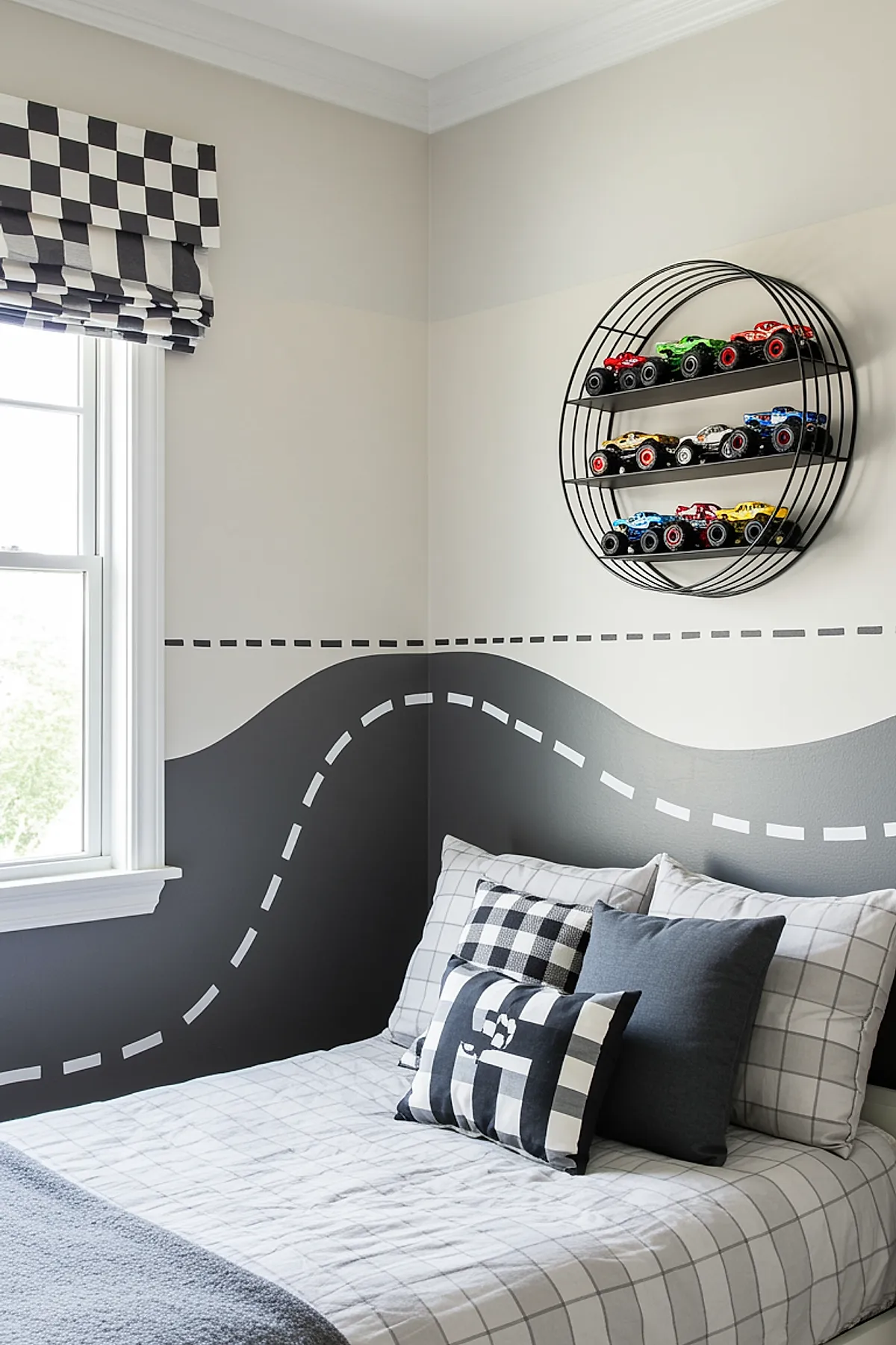 Boys bedroom corner featuring circular black metal wall shelf holding colorful toy racecars, gray walls with curved black road mural accented by dashed white lines, window with black and white checkered roman shade, bed with gray and white grid bedding and checkered pillows.