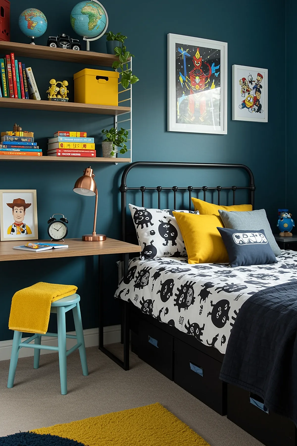 Boys bedroom featuring dark teal painted walls, black metal bed frame with black and white monster print bedding, bright yellow throw pillows, wooden floating shelves holding books, globes, plants, copper desk lamp on light wood desk with blue stool.