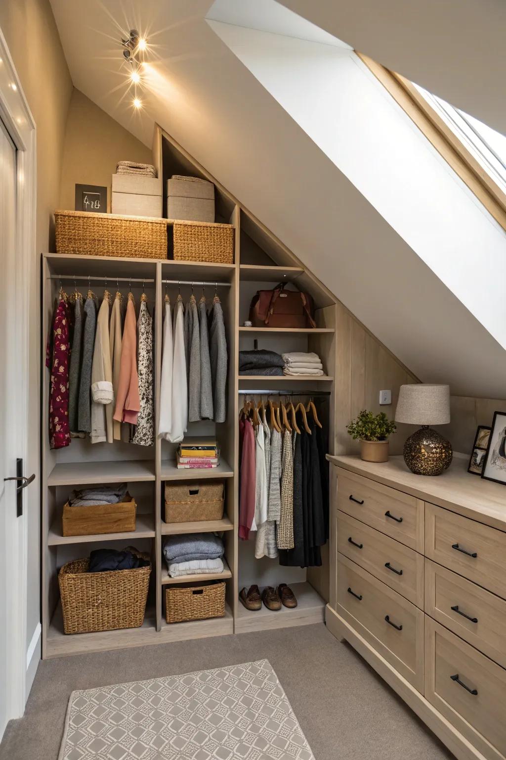 Make use of angled ceilings for distinctive shelving options.