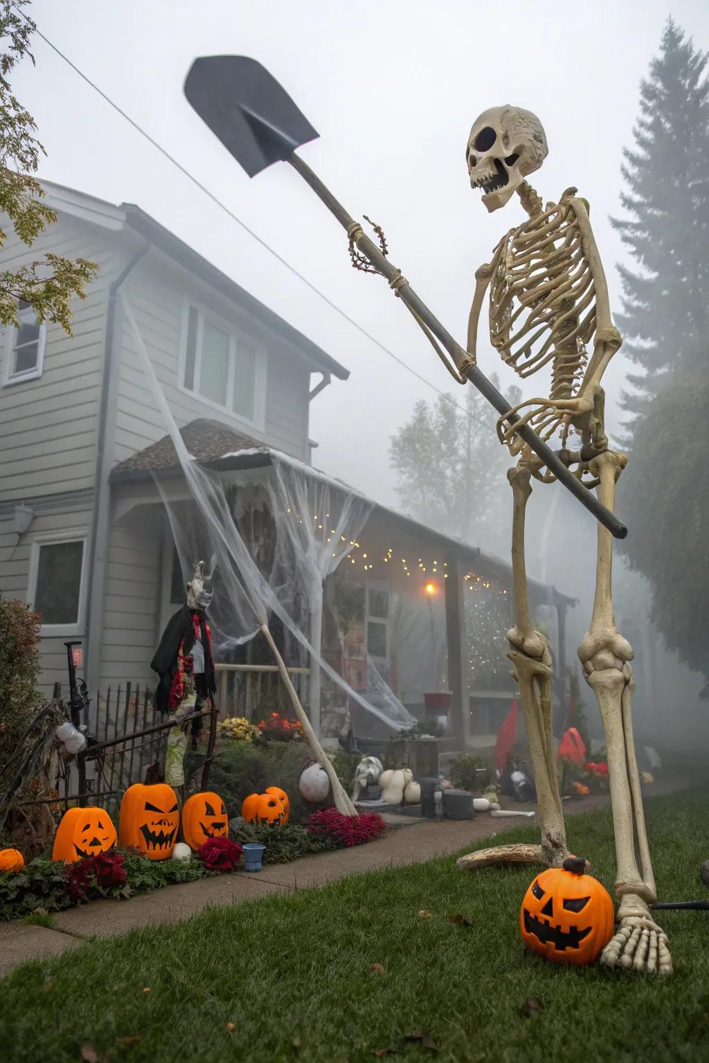 Enormous accessories add a dynamic element to the skeleton display.