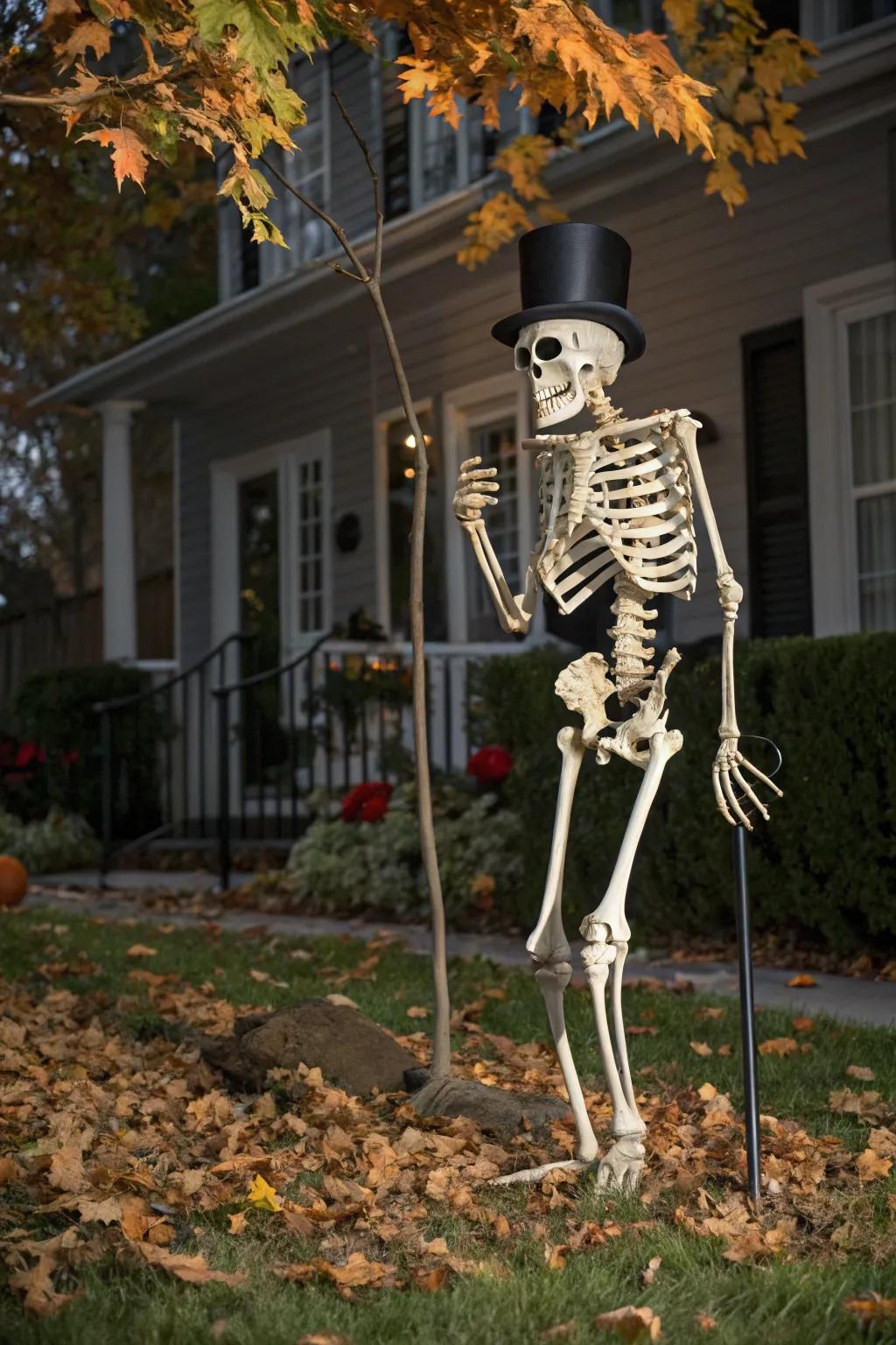 A formally dressed skeleton with a trilby and walking stick exudes whimsical elegance.