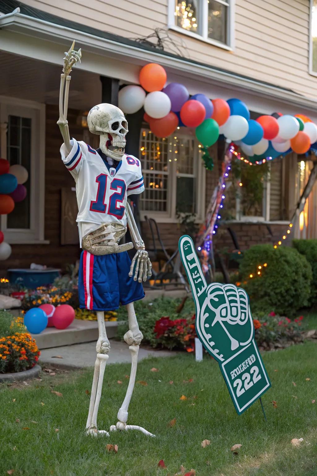 An athletic skeleton ready to cheer for the team.