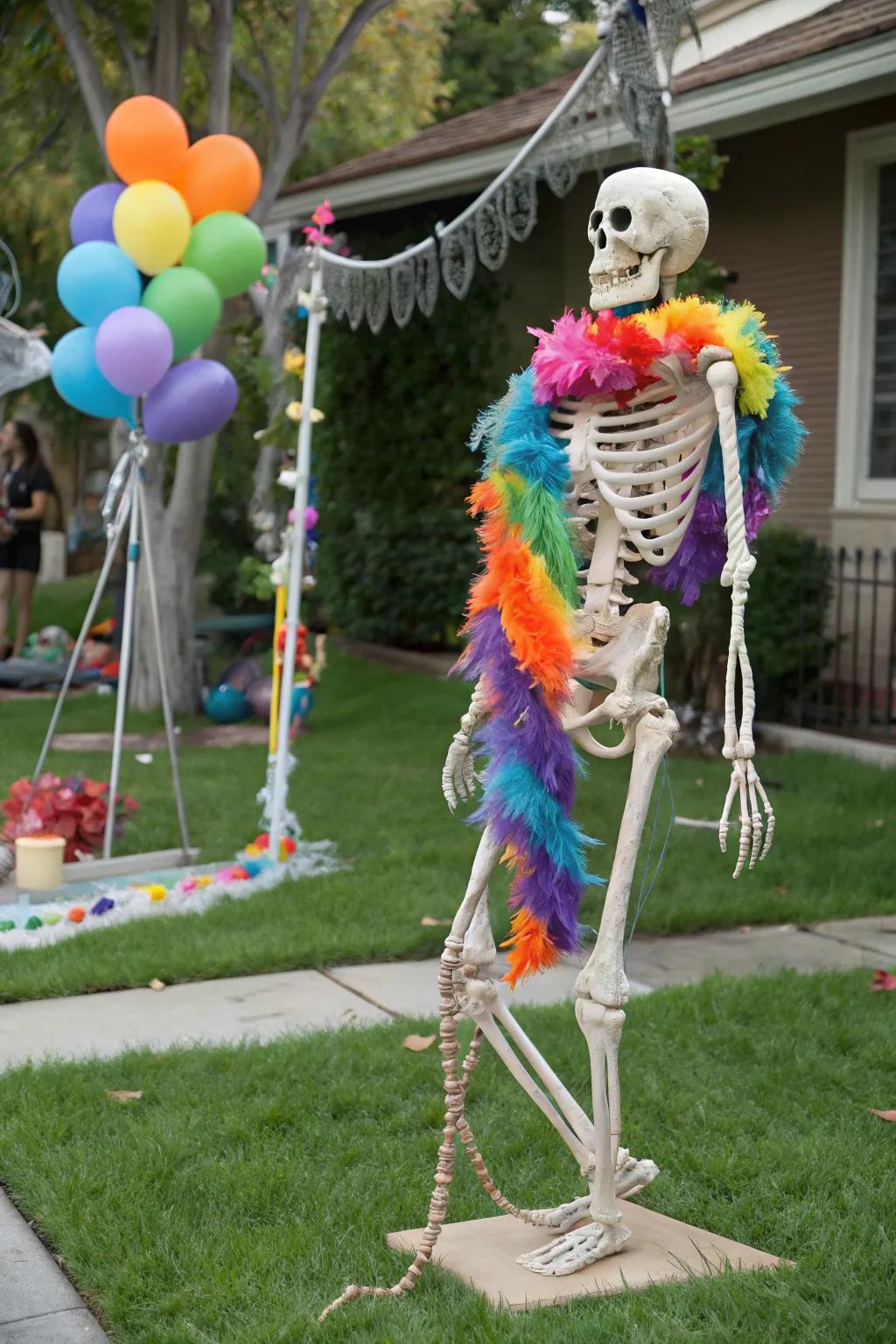An elegantly dressed skeleton with a plush wrap steals the scene.