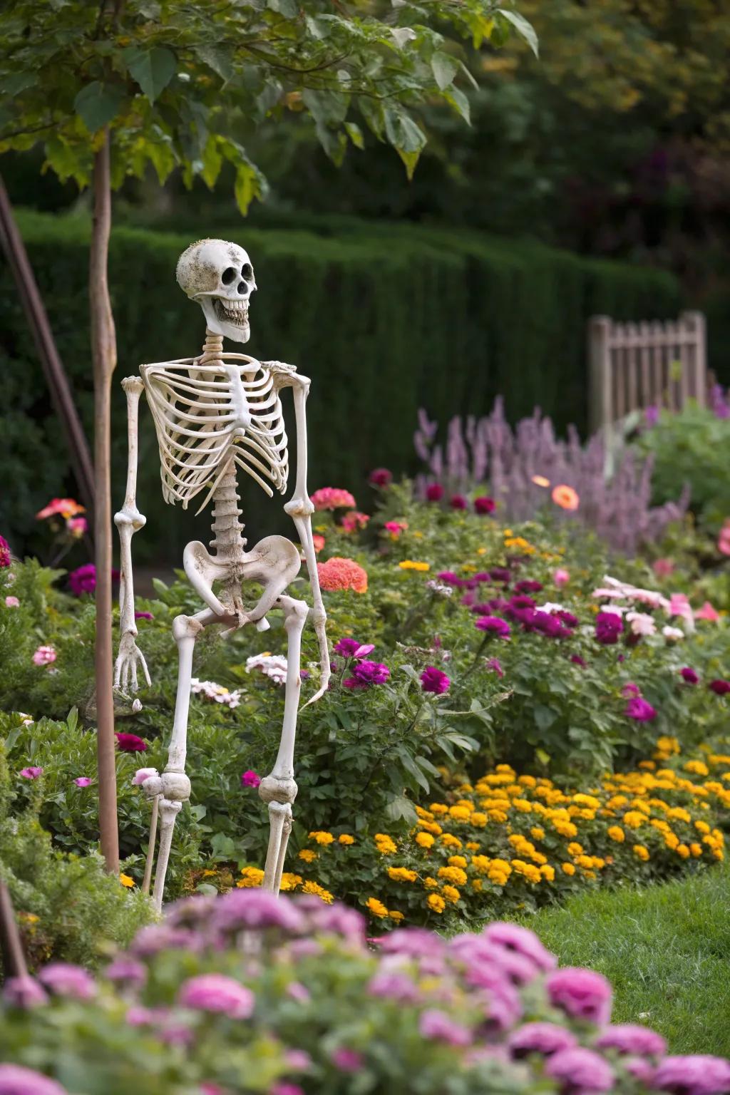 A skeleton in a flowering garden offers a distinctive visual twist.