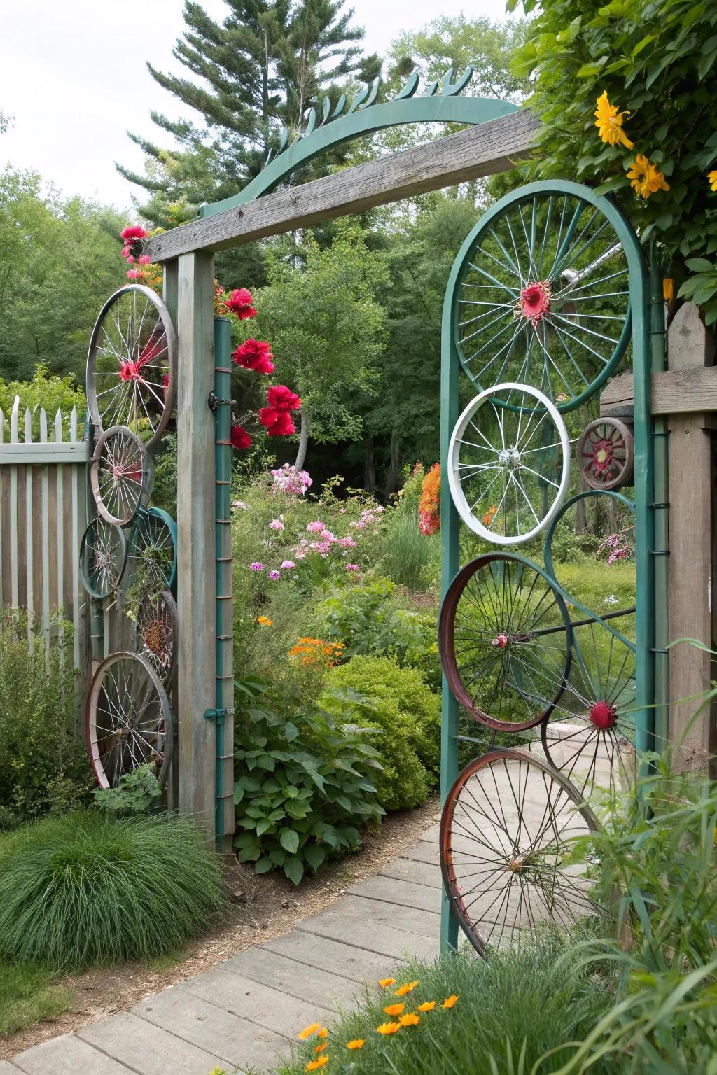 A creative garden gate made from repurposed bicycle rims.
