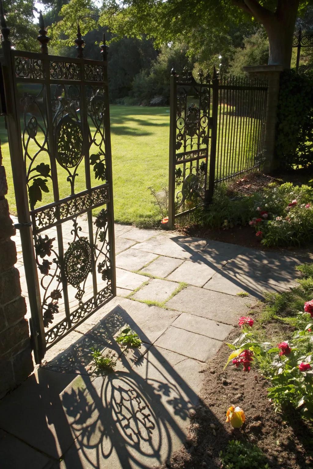 Artistic cut-out patterns adding charm to the garden gate.
