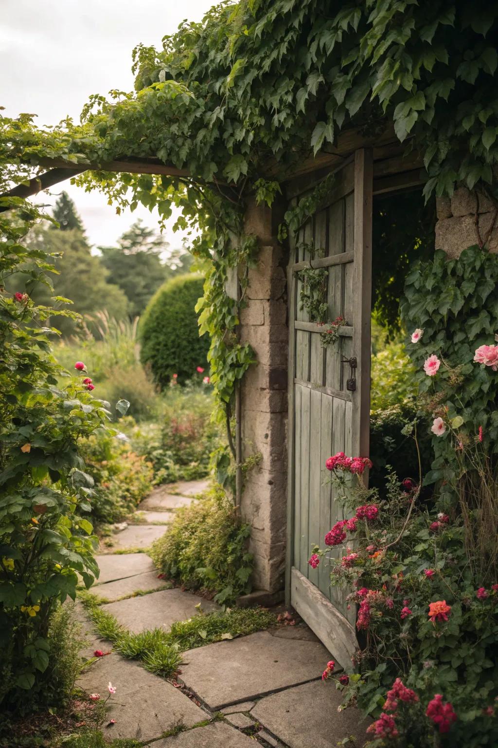A hidden garden gate blending seamlessly with climbing plants.