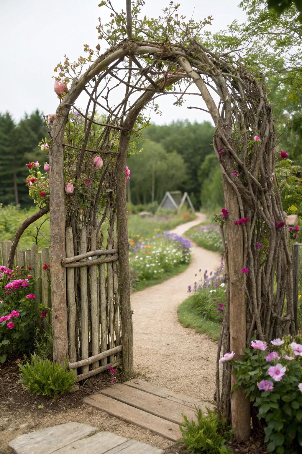 A charming twig archway creating a fairy-tale garden entrance.